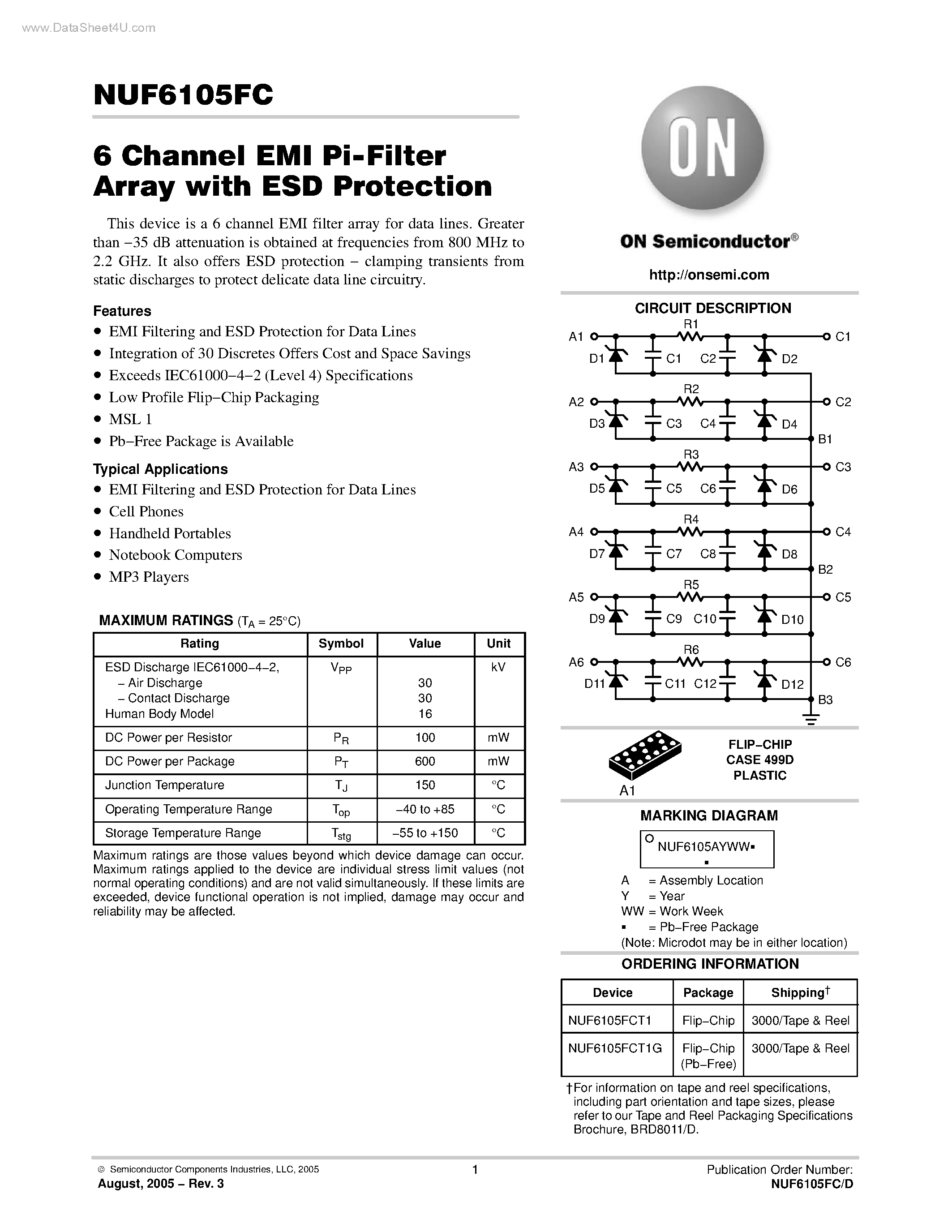 Datasheet NUF6105FC - 6 Channel EMI Pi-Filter Array page 1