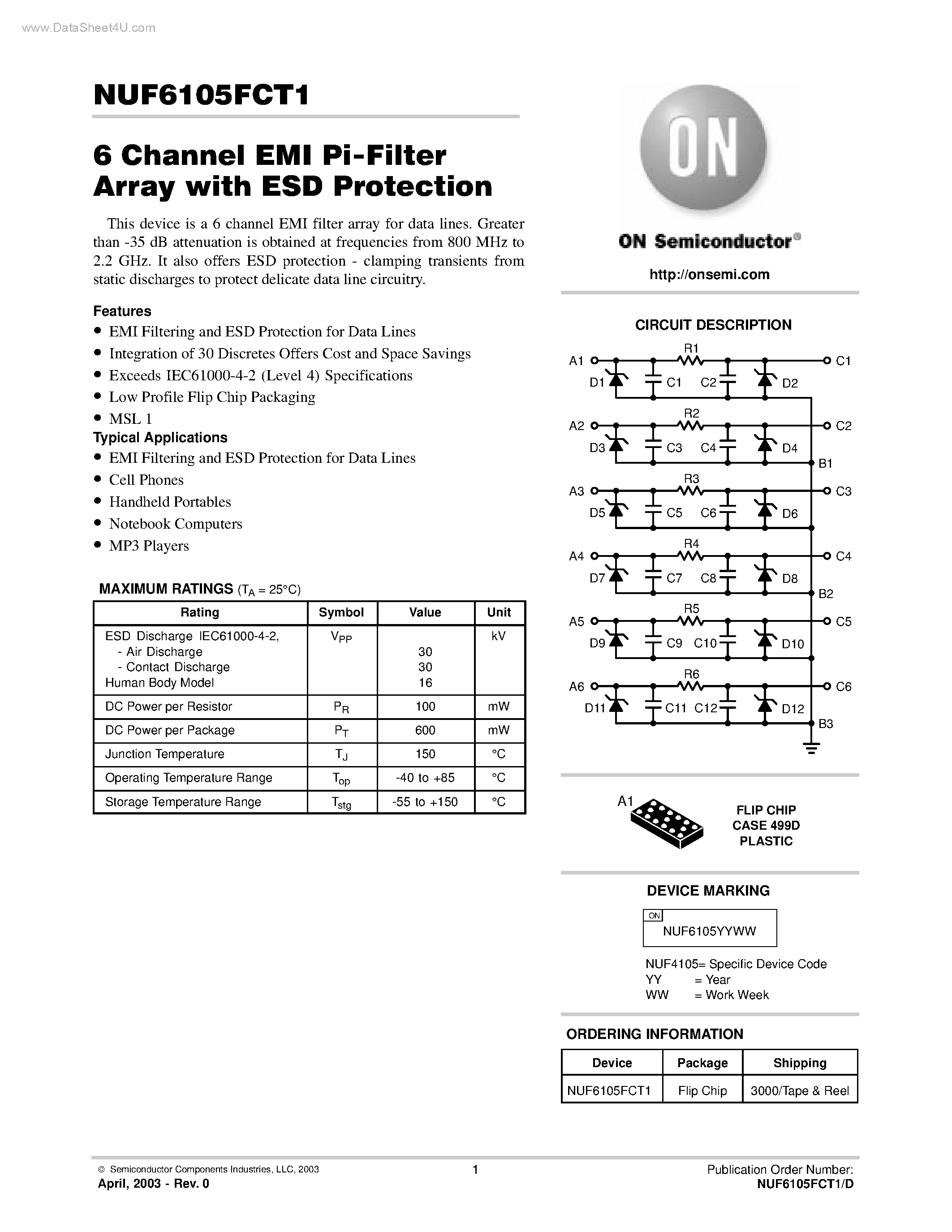 Datasheet NUF6105FCT1 - 6 Channel EMI Pi-Filter Array page 1