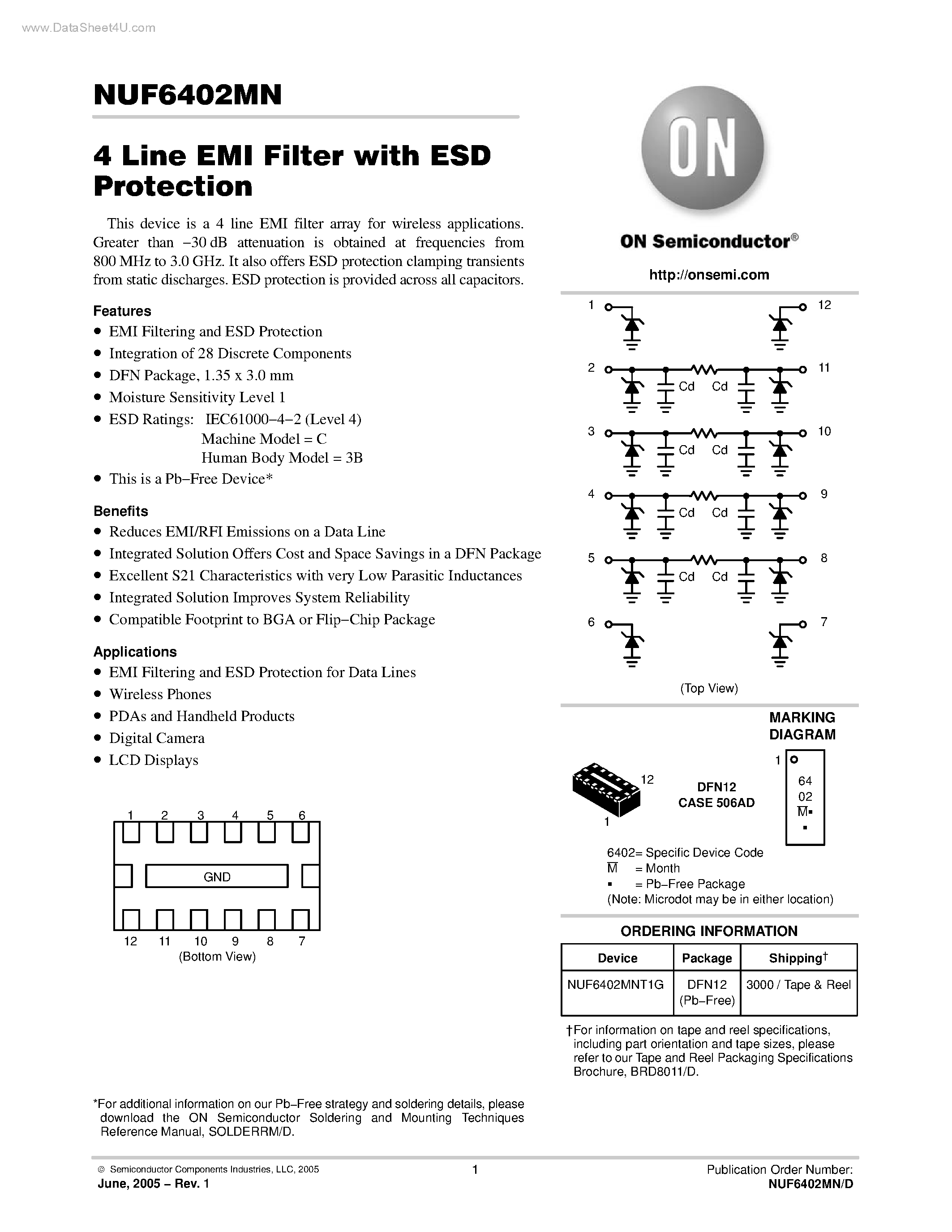 Datasheet NUF6402MN - 4 Line EMI Filter page 1