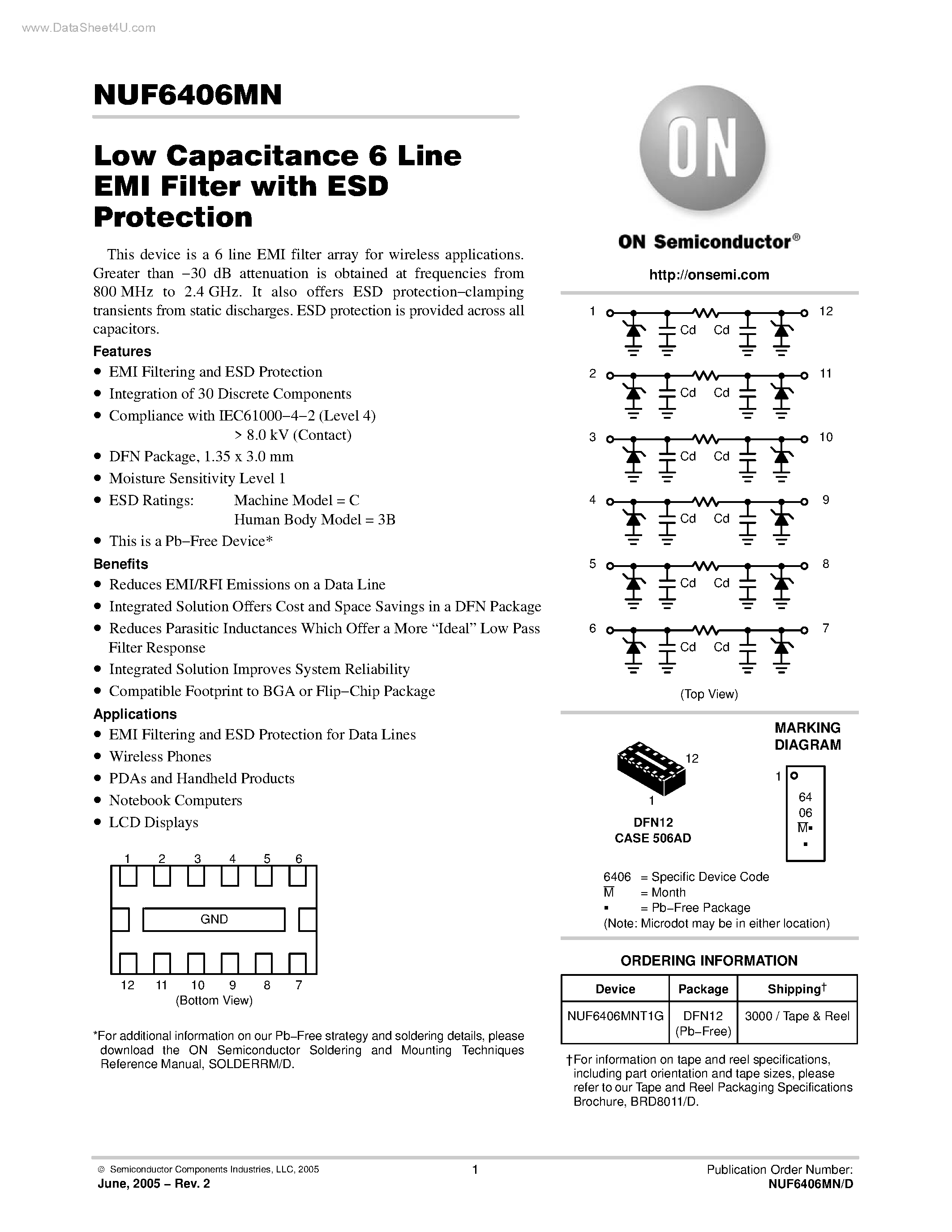 Datasheet NUF6406MN - Low Capacitance 6 Line EMI Filter page 1