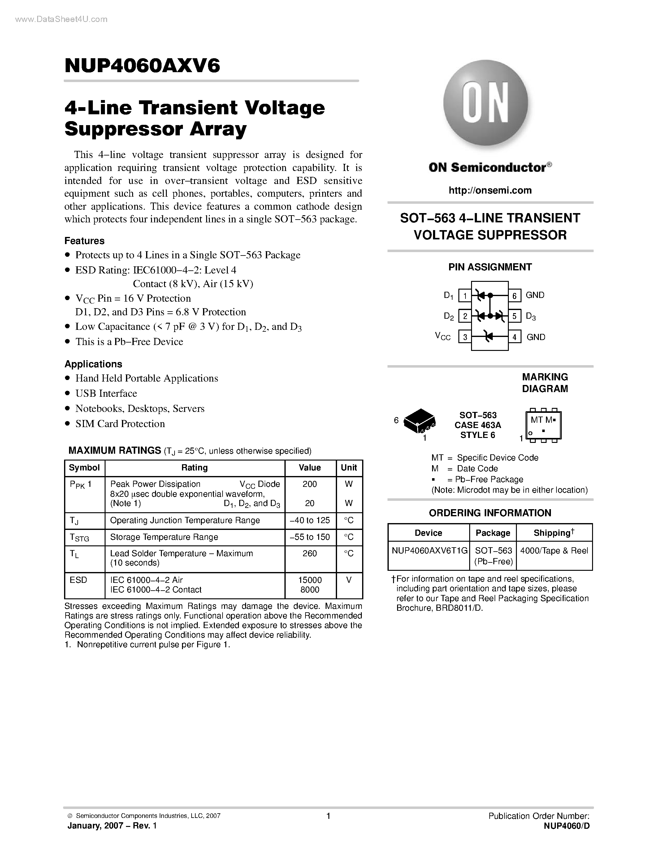 Datasheet NUP4060AXV6 - 4 Line Transient Voltage Suppressor Array page 1