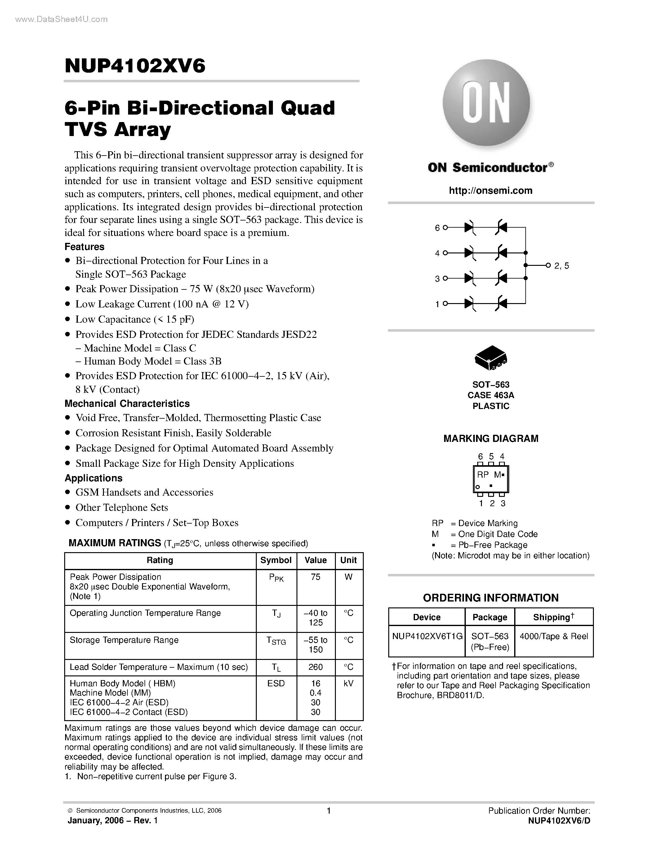 Datasheet NUP4102XV6 page 1 Datasheet NUP4102XV6 - 6 Pin Bi-Directional Quad TVS Array page 1