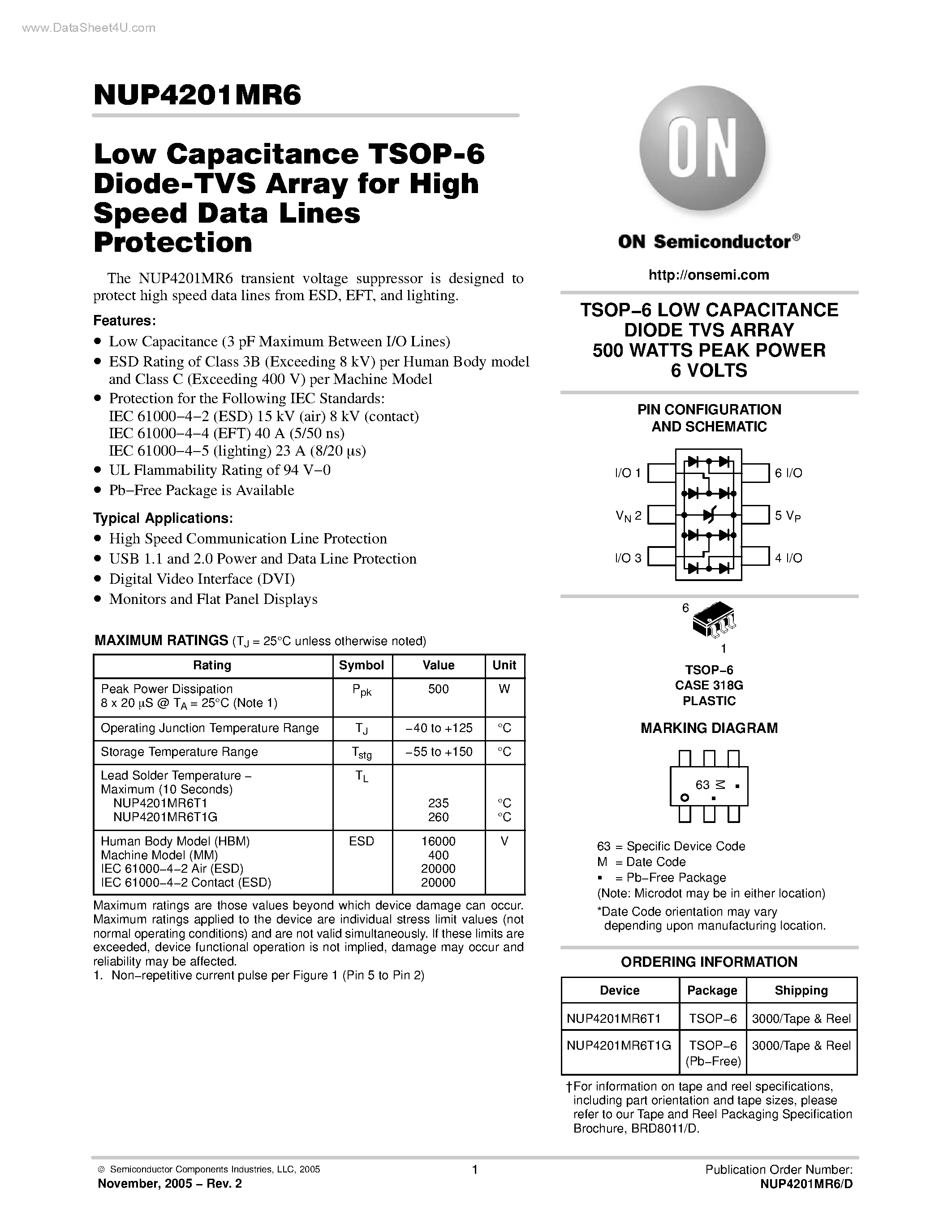 Datasheet NUP4201MR6 - Low Capacitance TSOP-6 Diode-TVS Array page 1