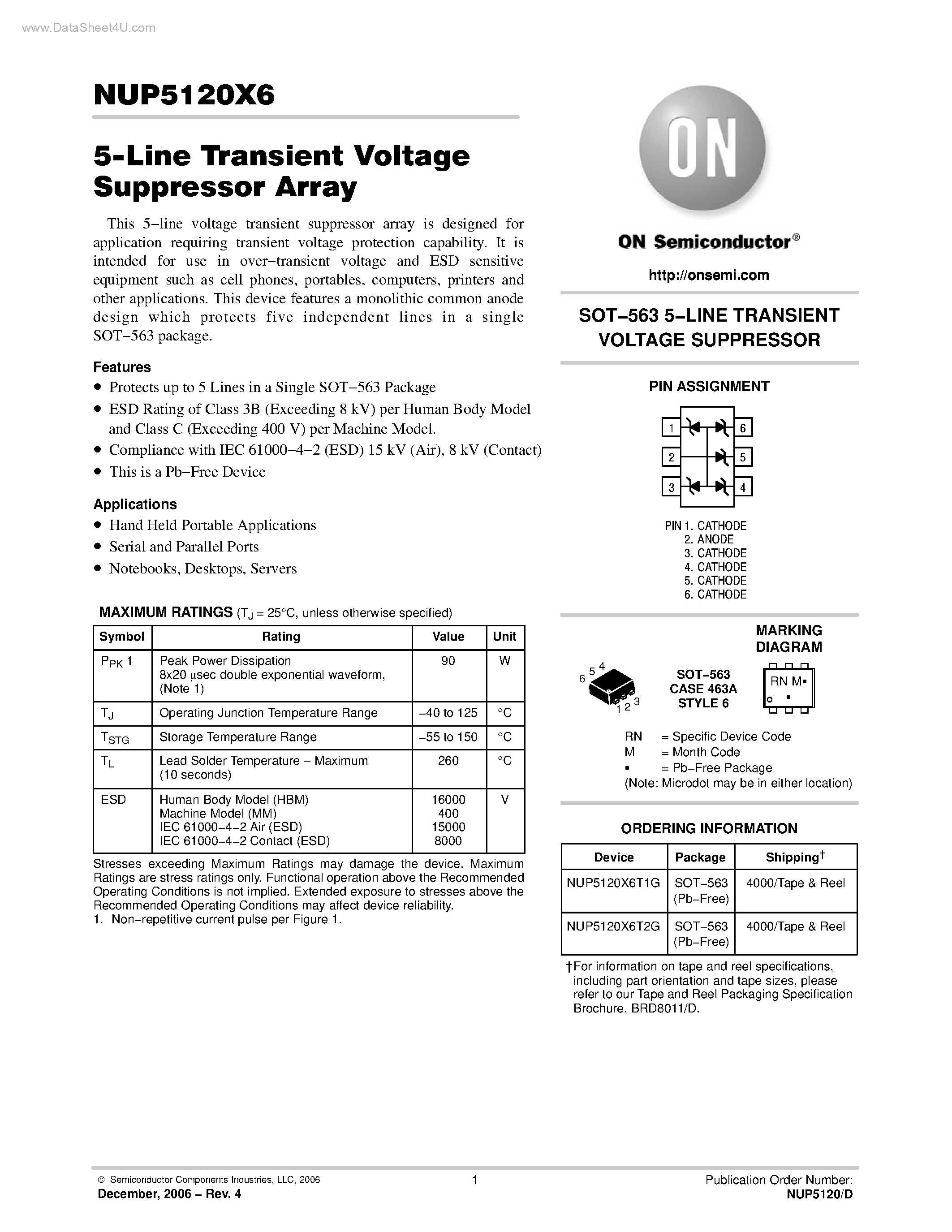 Datasheet NUP5120X6 - 5 Line Transient Voltage Suppressor Array page 1