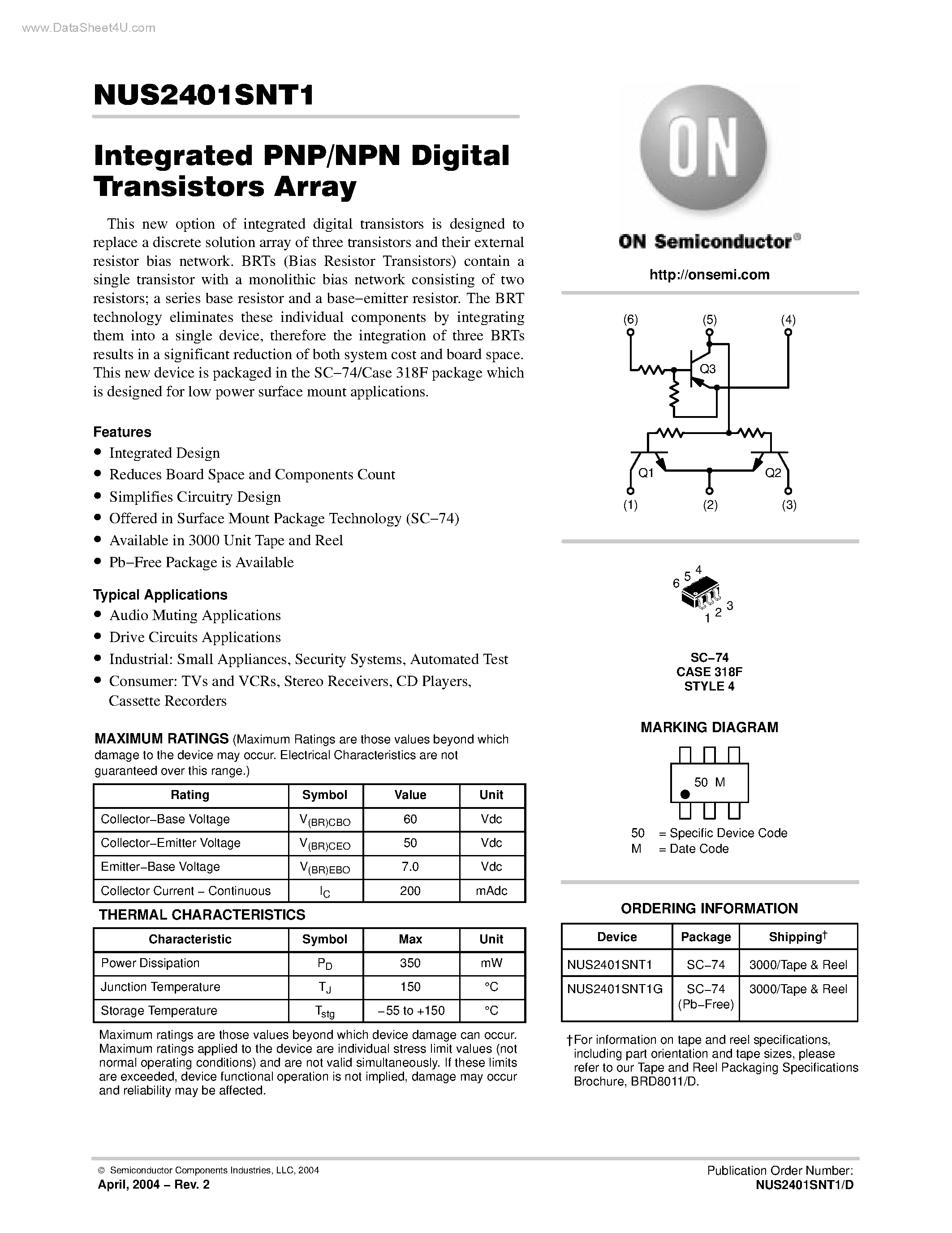 Datasheet NUS2401SNT1 - Integrated PNP/NPN Digital Transistors Array page 1