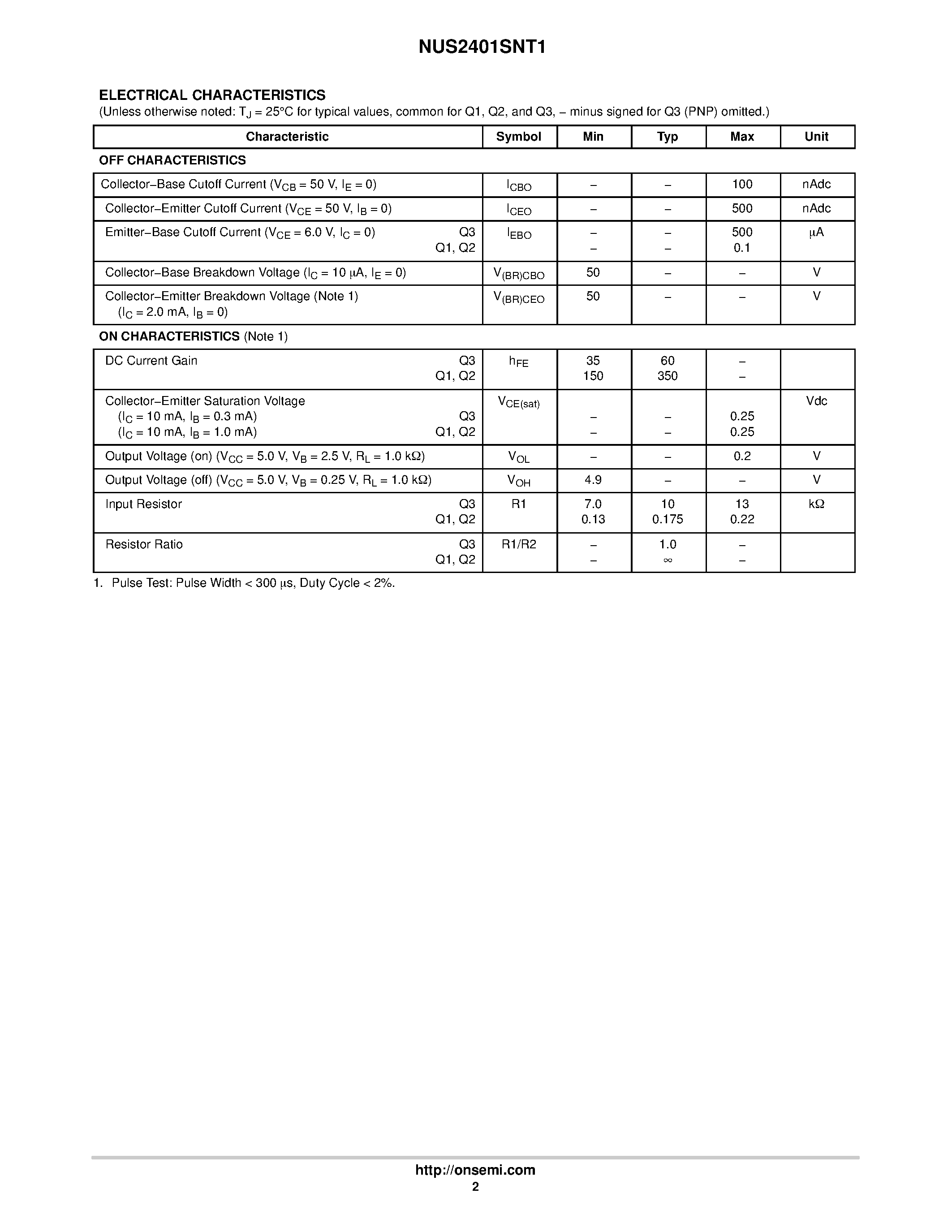 Datasheet NUS2401SNT1 - Integrated PNP/NPN Digital Transistors Array page 2
