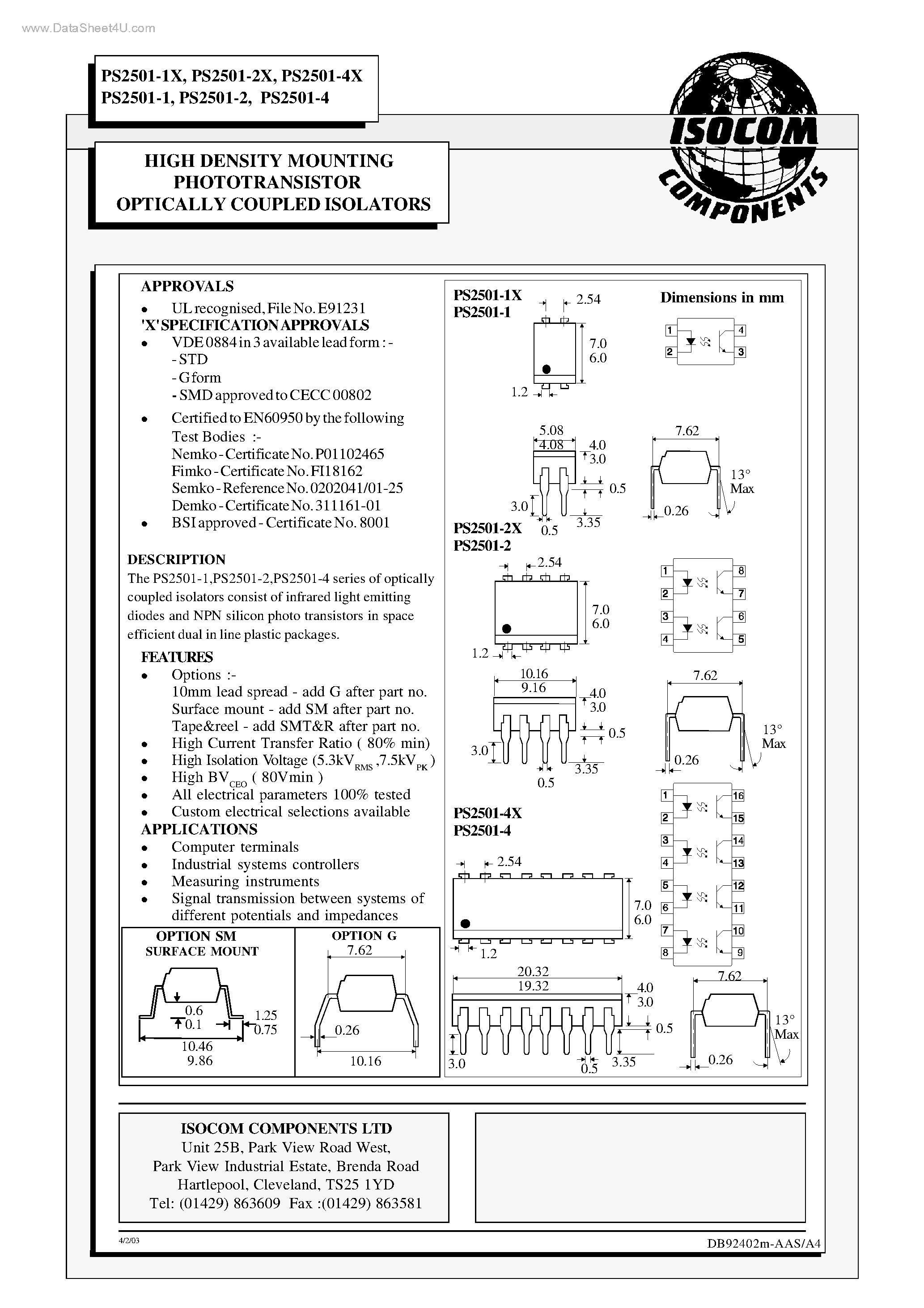 Datasheet PS2501-1 - (PS2501-x) HIGH DENSITY MOUNTING PHOTOTRANSISTOR OPTICALLY COUPLED ISOLATORS page 1