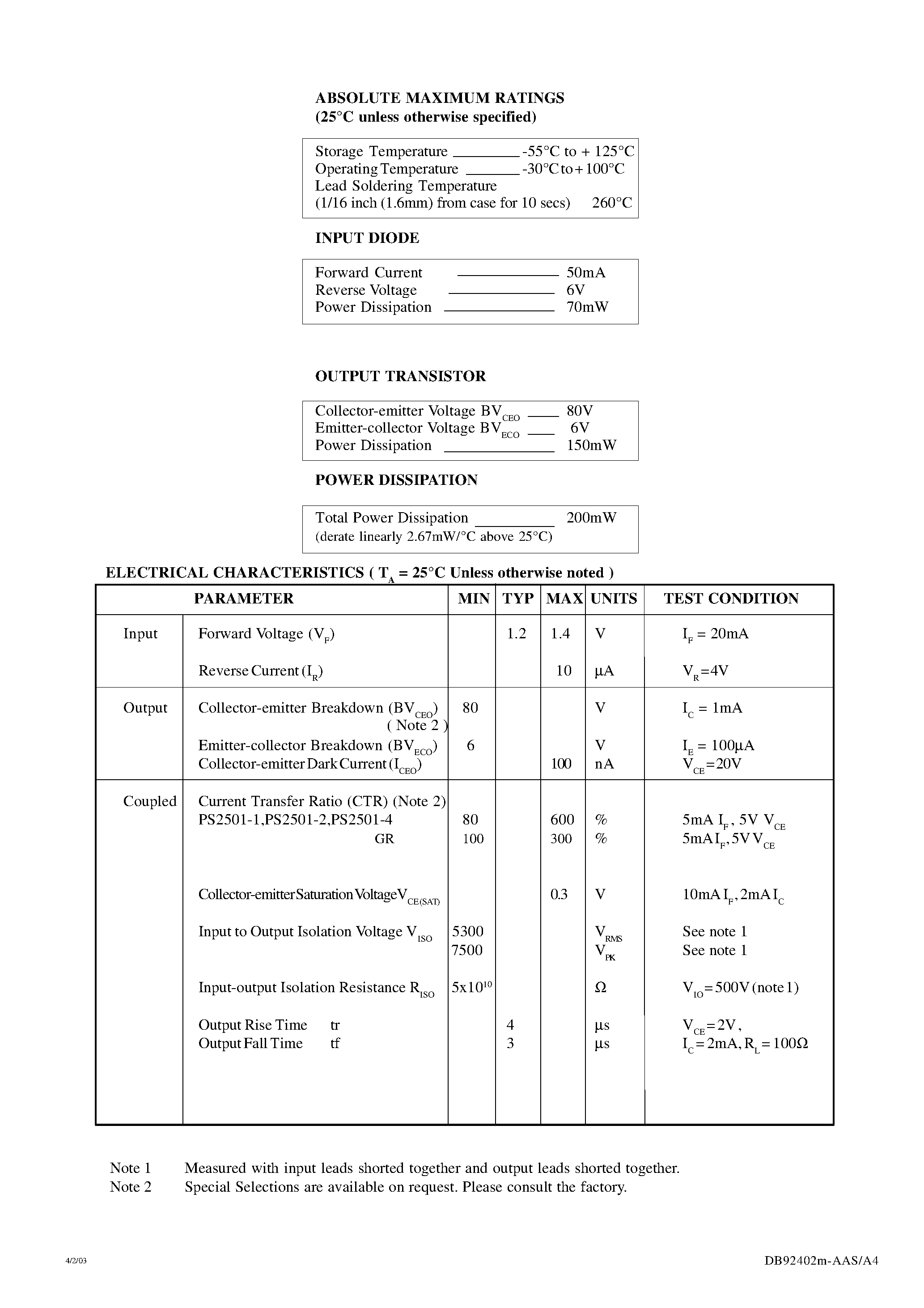 Datasheet PS2501-1 - (PS2501-x) HIGH DENSITY MOUNTING PHOTOTRANSISTOR OPTICALLY COUPLED ISOLATORS page 2