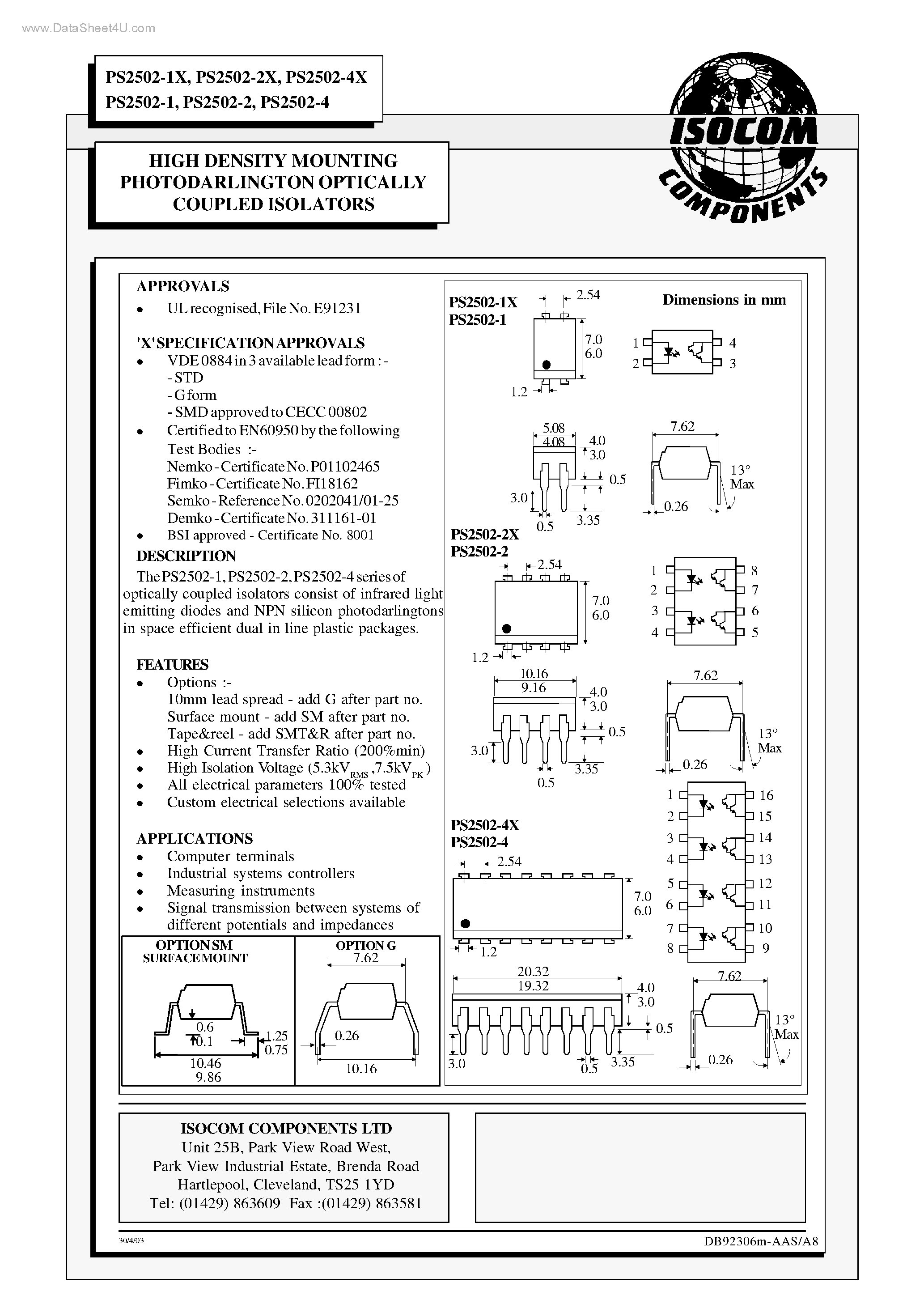 Даташит PS2502-1 - (PS2502-x) HIGH DENSITY MOUNTING PHOTODARLINGTON OPTICALLY COUPLED ISOLATORS страница 1