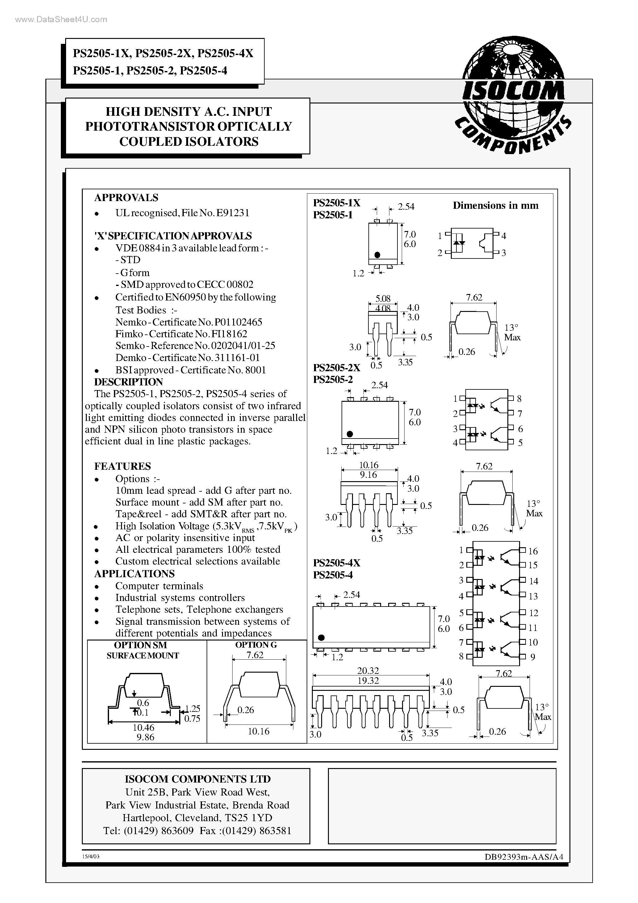 Даташит на микросхему PS2505-1 страница 1 Даташит PS2505-1 - (PS2505-x) HIGH DENSITY A.C. INPUT PHOTOTRANSISTOR OPTICALLY COUPLED ISOLATORS страница 1