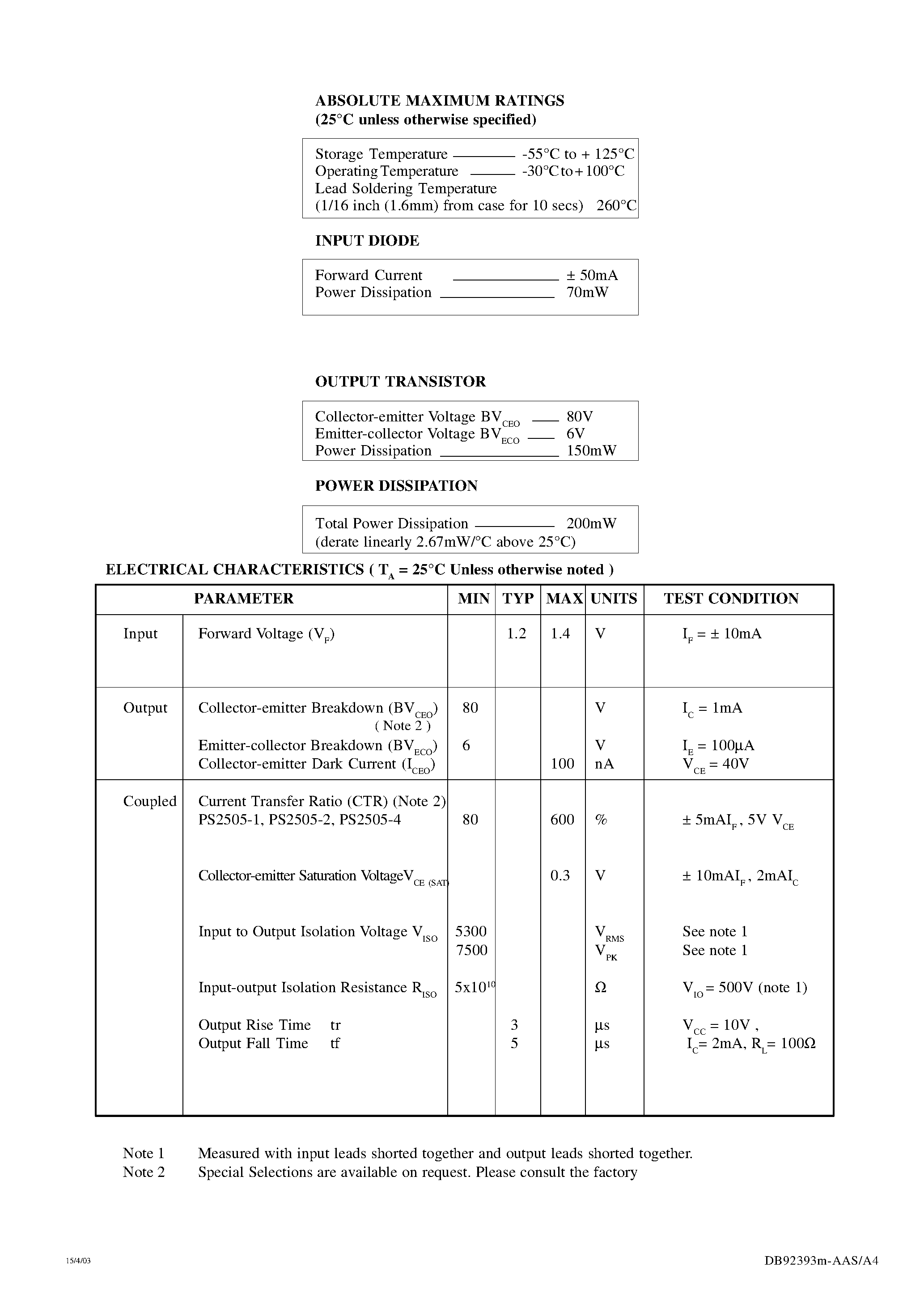 Даташит на микросхему PS2505-1 страница 2 Даташит PS2505-1 - (PS2505-x) HIGH DENSITY A.C. INPUT PHOTOTRANSISTOR OPTICALLY COUPLED ISOLATORS страница 2