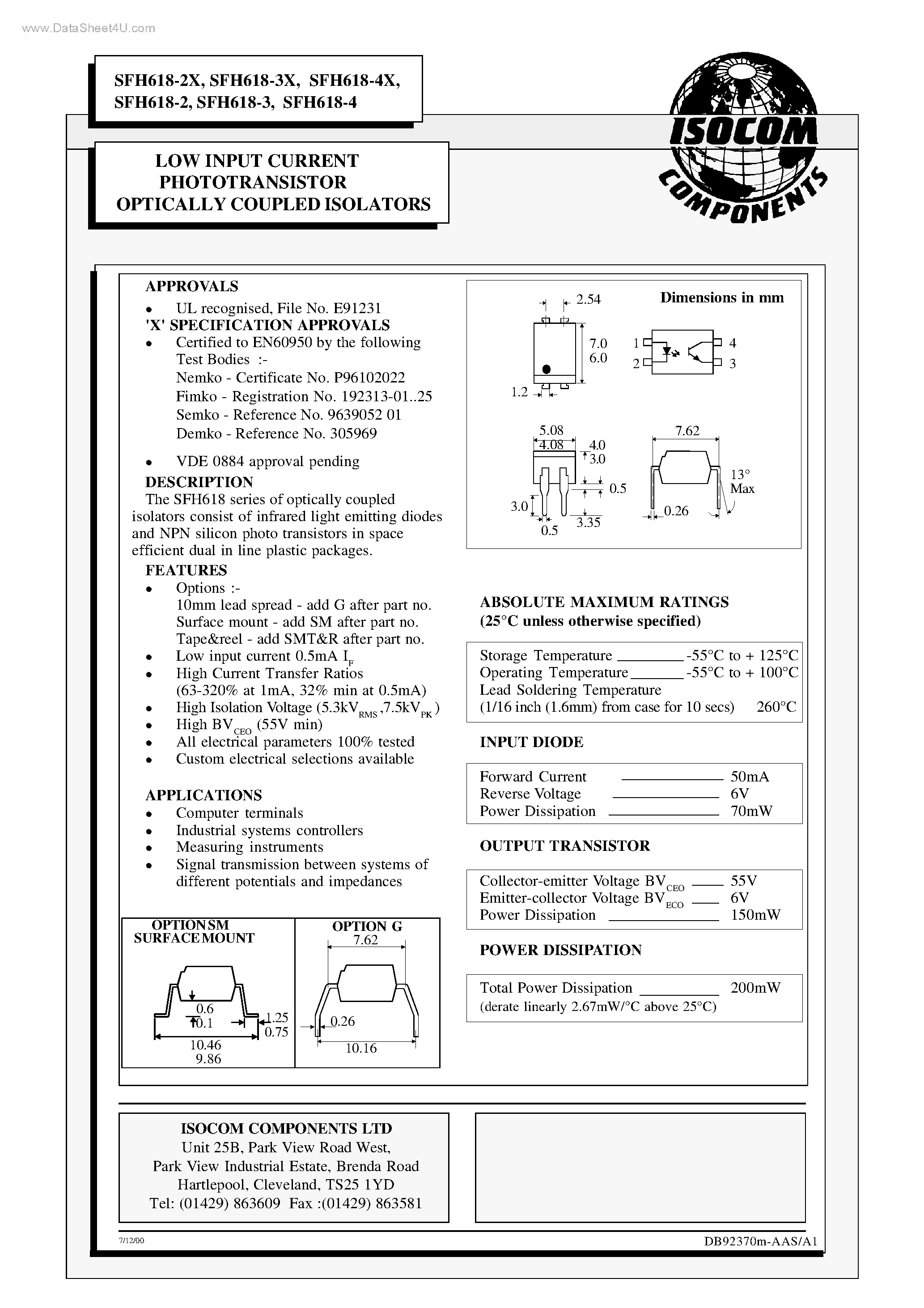 Datasheet SFH618-2 - (SFH618-x) LOW INPUT CURRENT PHOTOTRANSISTOR OPTICALLY COUPLED ISOLATORS page 1
