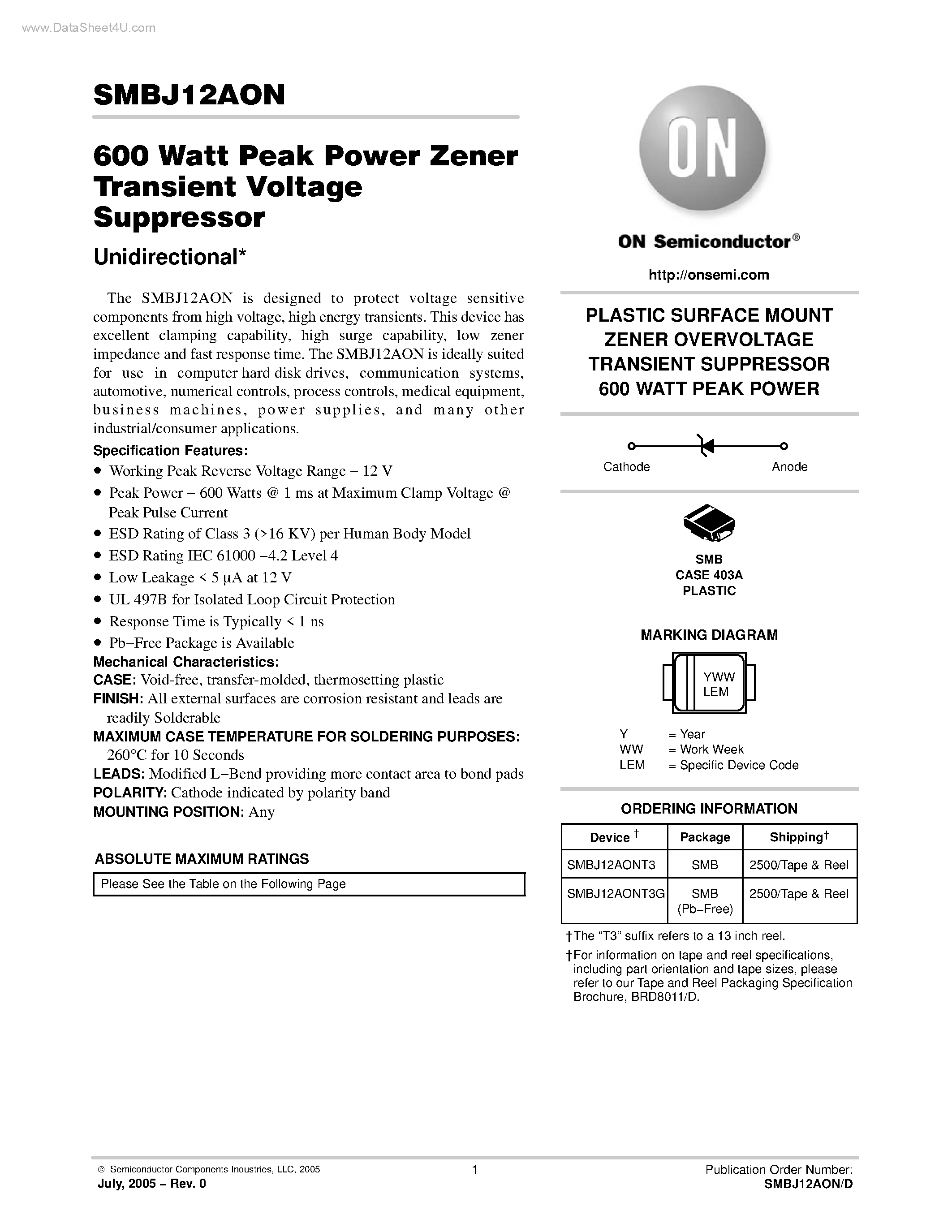 Datasheet SMBJ12AON - 600 Watt Peak Power Zener Transient Voltage Suppressor page 1