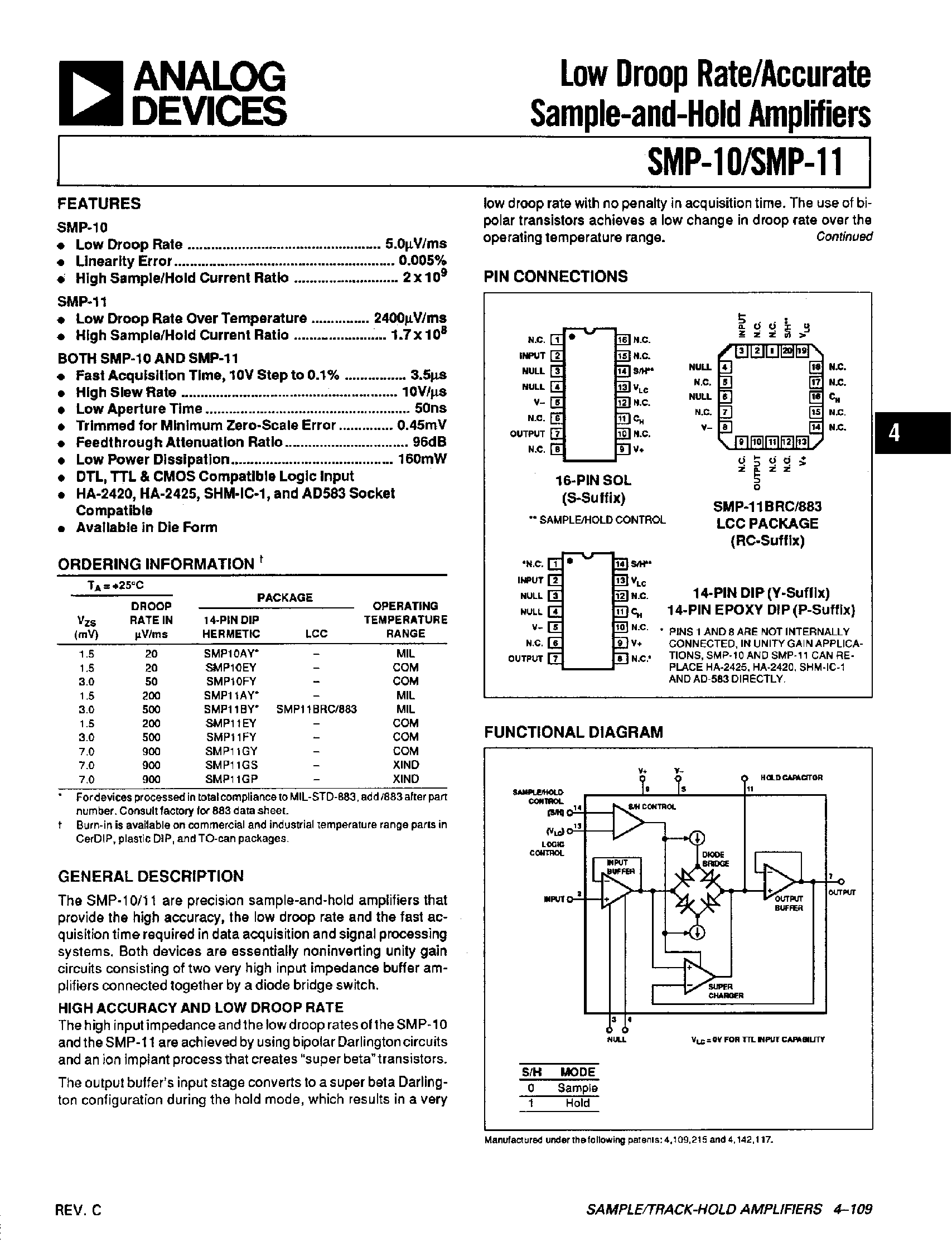Datasheet SMP-10 - (SMP-10 / SMP-11) Low Droop Rate/Accurate Sample-andHold Amplifiers page 1