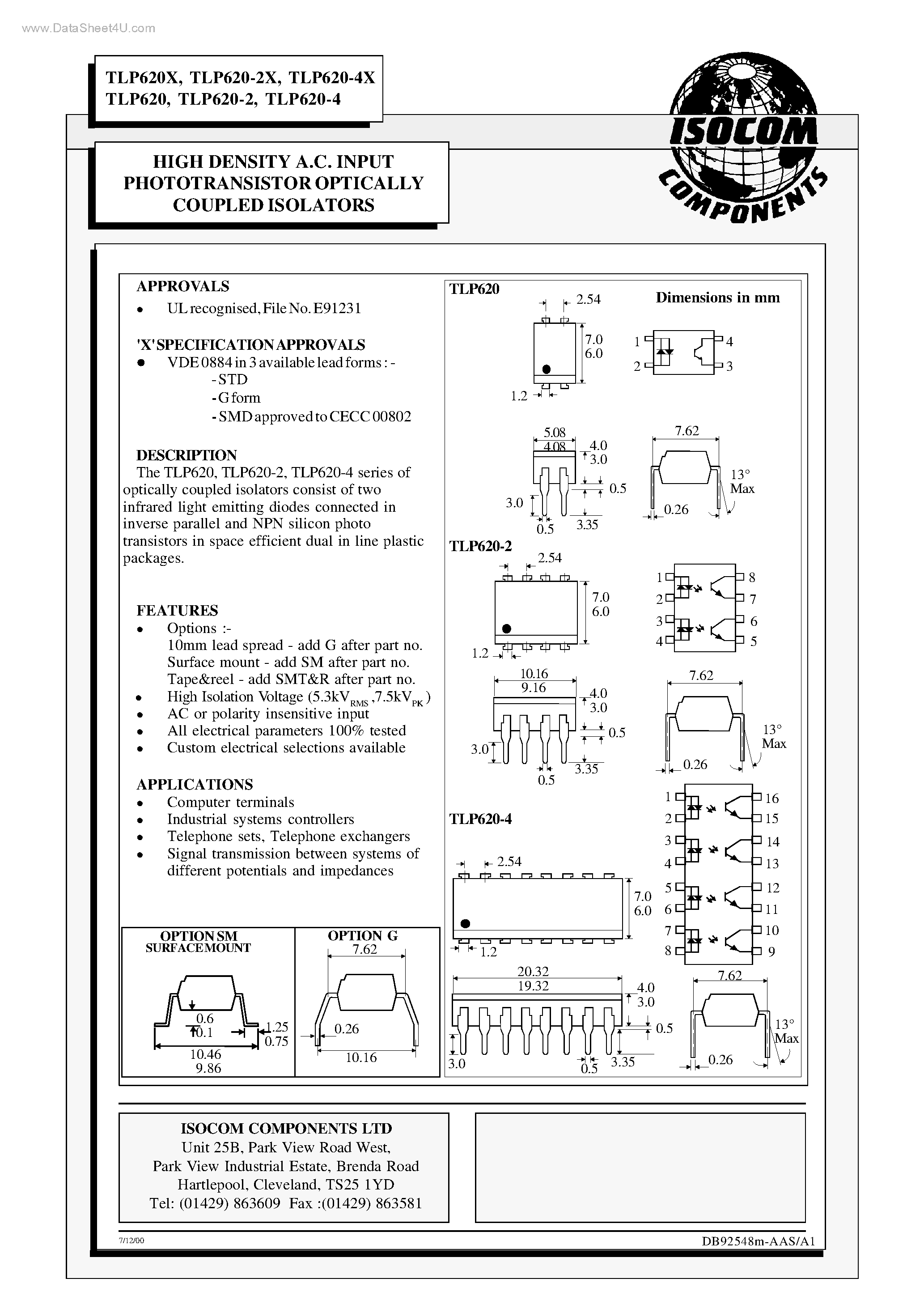 Datasheet TLP620 - (TLP620x) HIGH DENSITY A.C. INPUT PHOTOTRANSISTOR OPTICALLY COUPLED ISOLATORS page 1