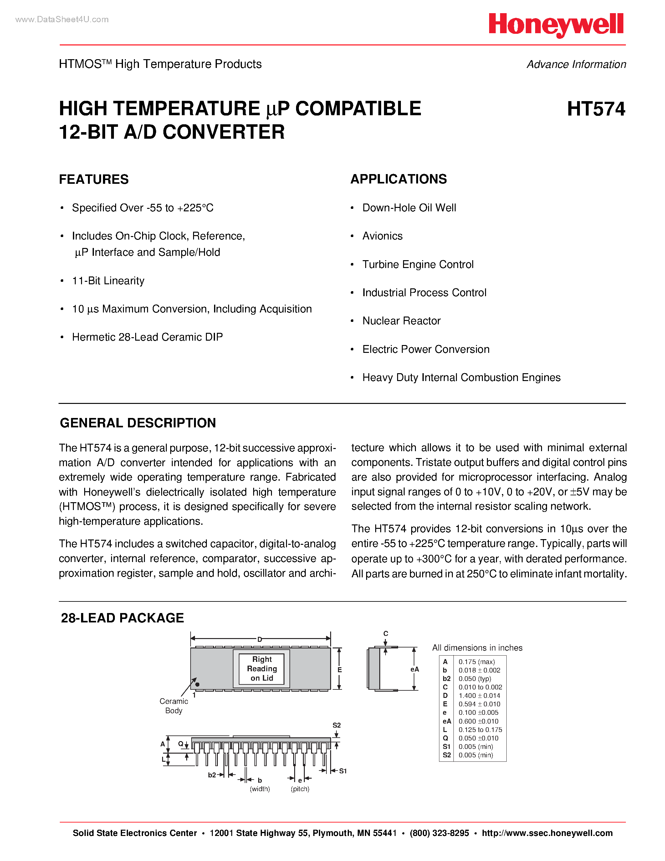 Даташит HT574 - HIGH TEMPERATURE UP COMPATIBLE 12-BIT A/D CONVERTER страница 1