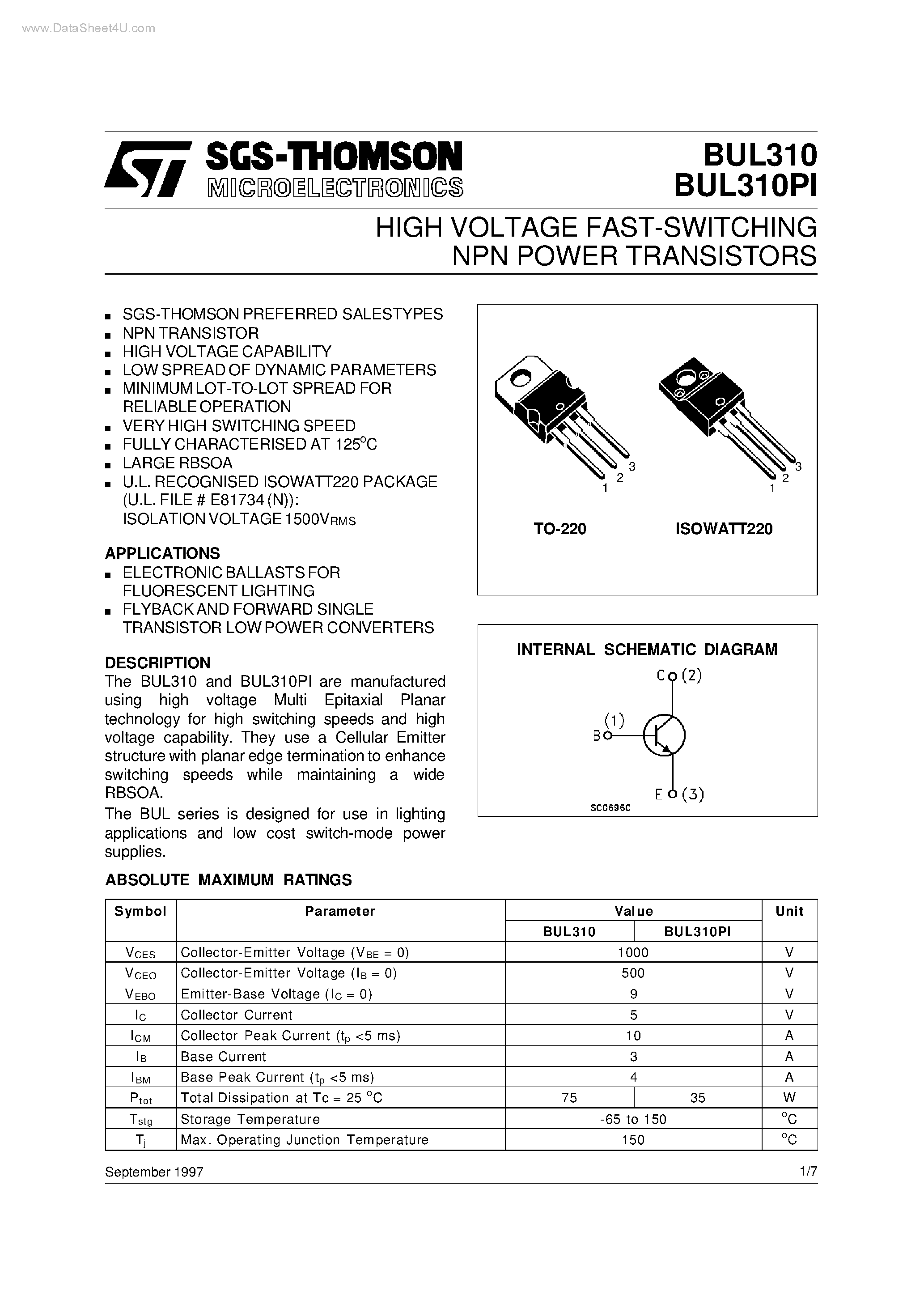 Даташит BUL310PI - HIGH VOLTAGE FAST-SWITCHING NPN POWER TRANSISTORS страница 1
