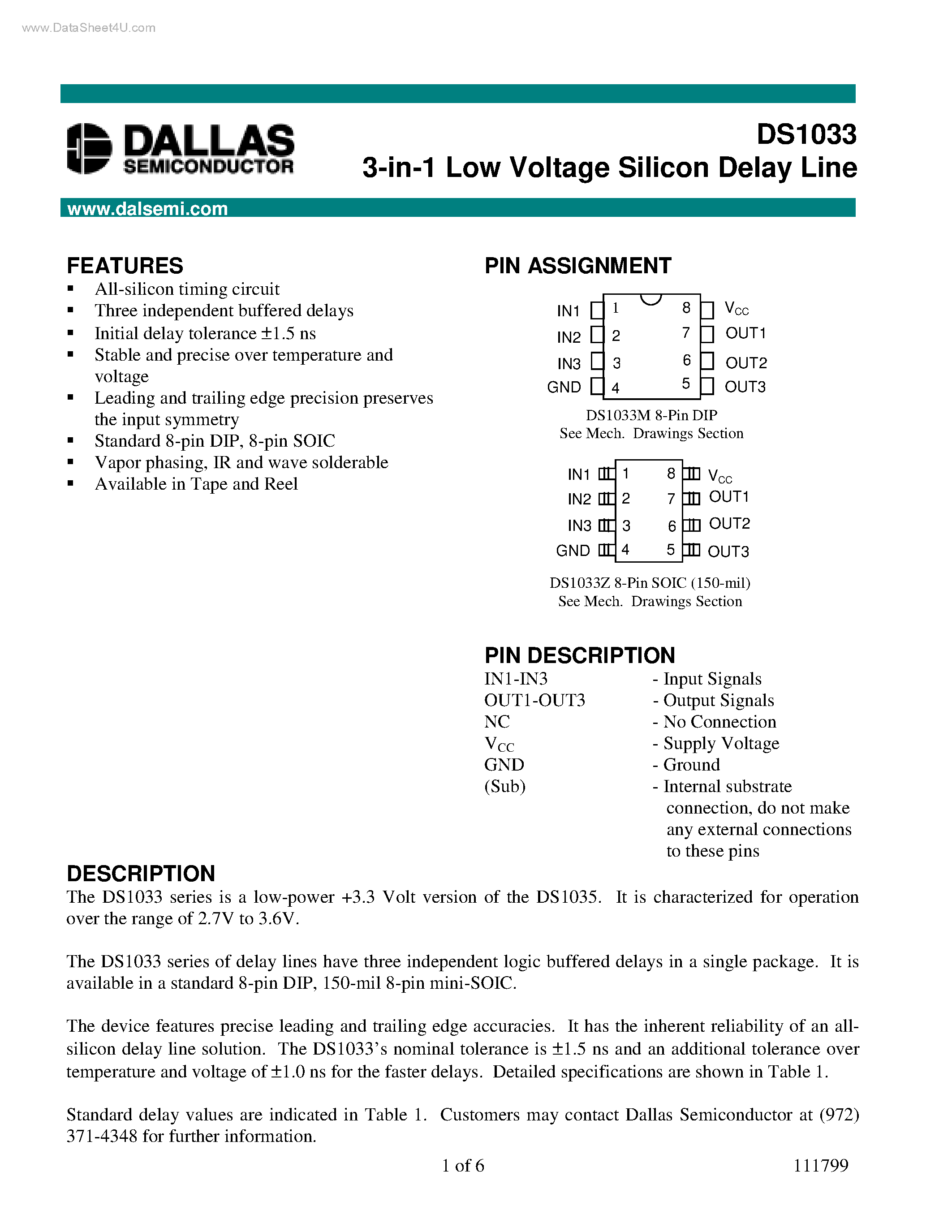 Datasheet DS1033 - 3-in-1 Low Voltage Silicon Delay Line page 1