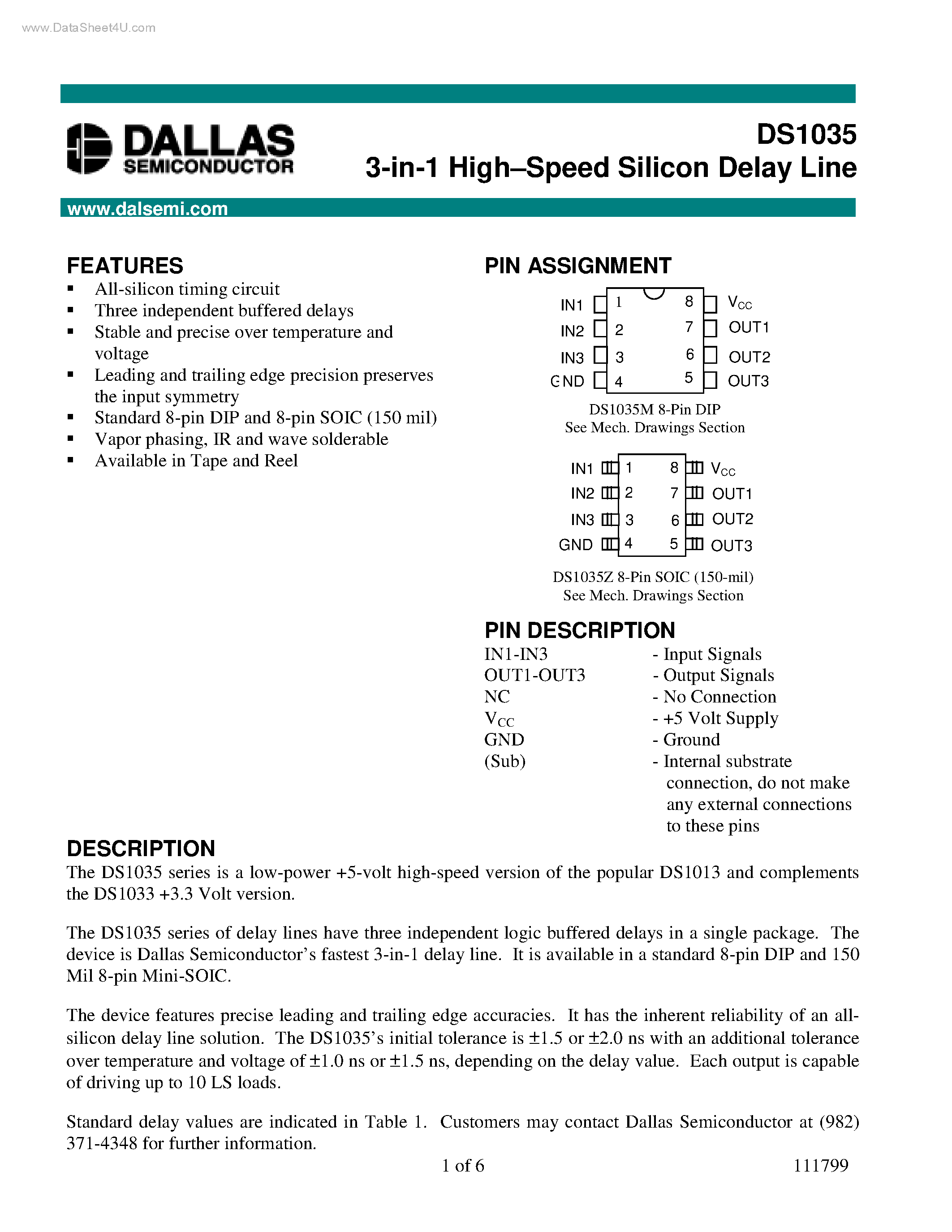 Datasheet DS1035 - 3-in-1 High Speed Silicon Delay Line page 1