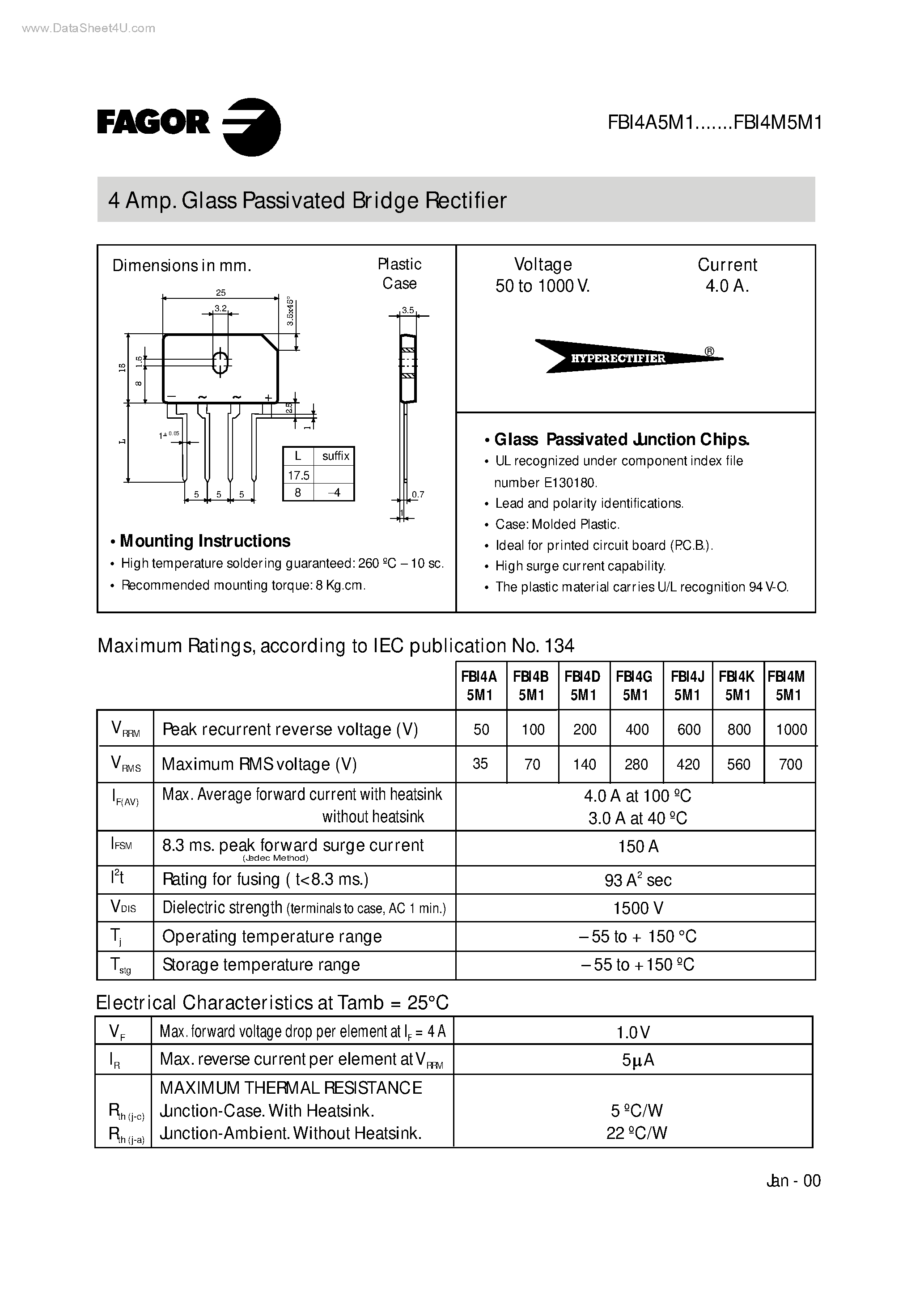 Datasheet FBI4A5M1 - (FBI4x5M1) Glass Passivated Bridge Rectifier page 1