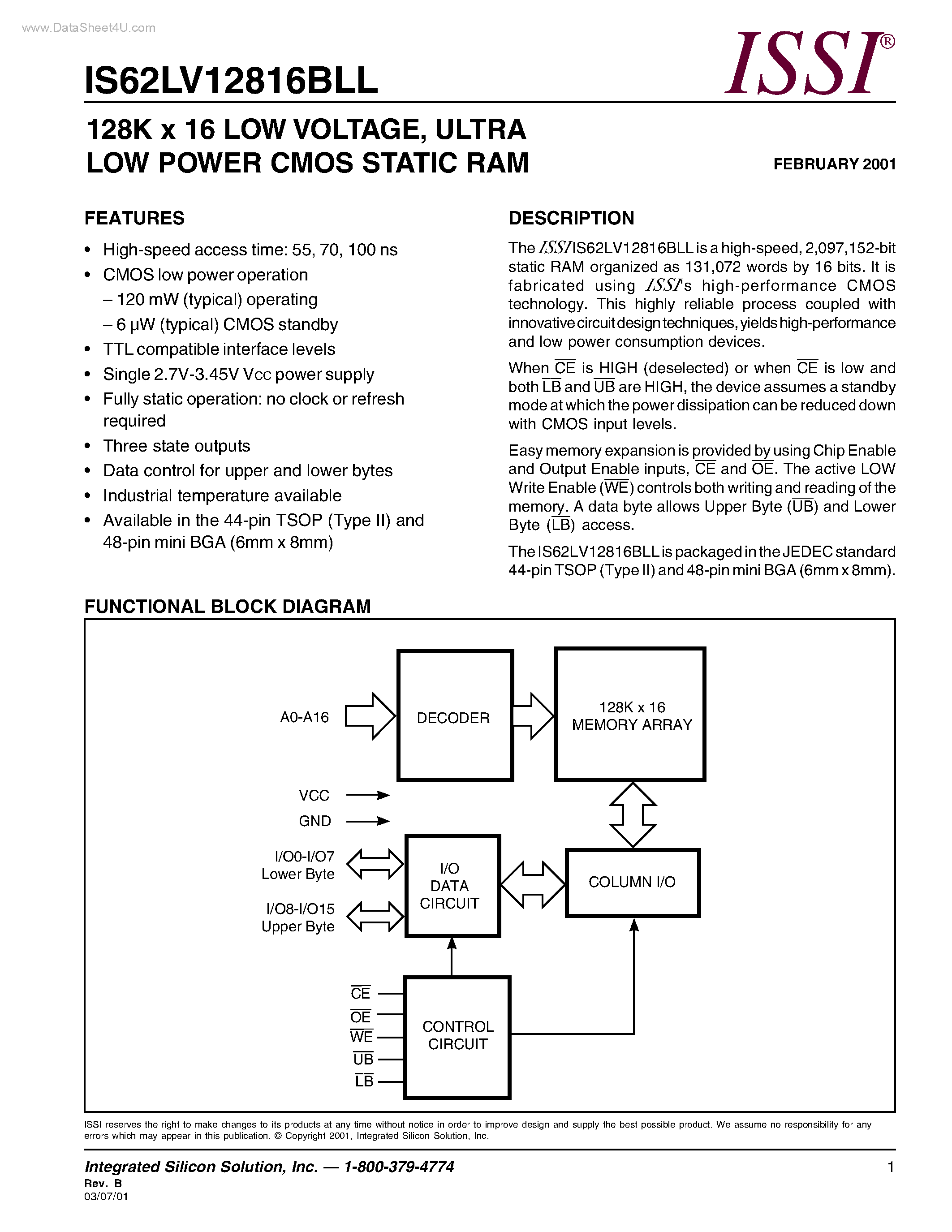Даташит на микросхему IS62LV12816BLL страница 1 Даташит IS62LV12816BLL - ULTRA LOW POWER CMOS STATIC RAM страница 1