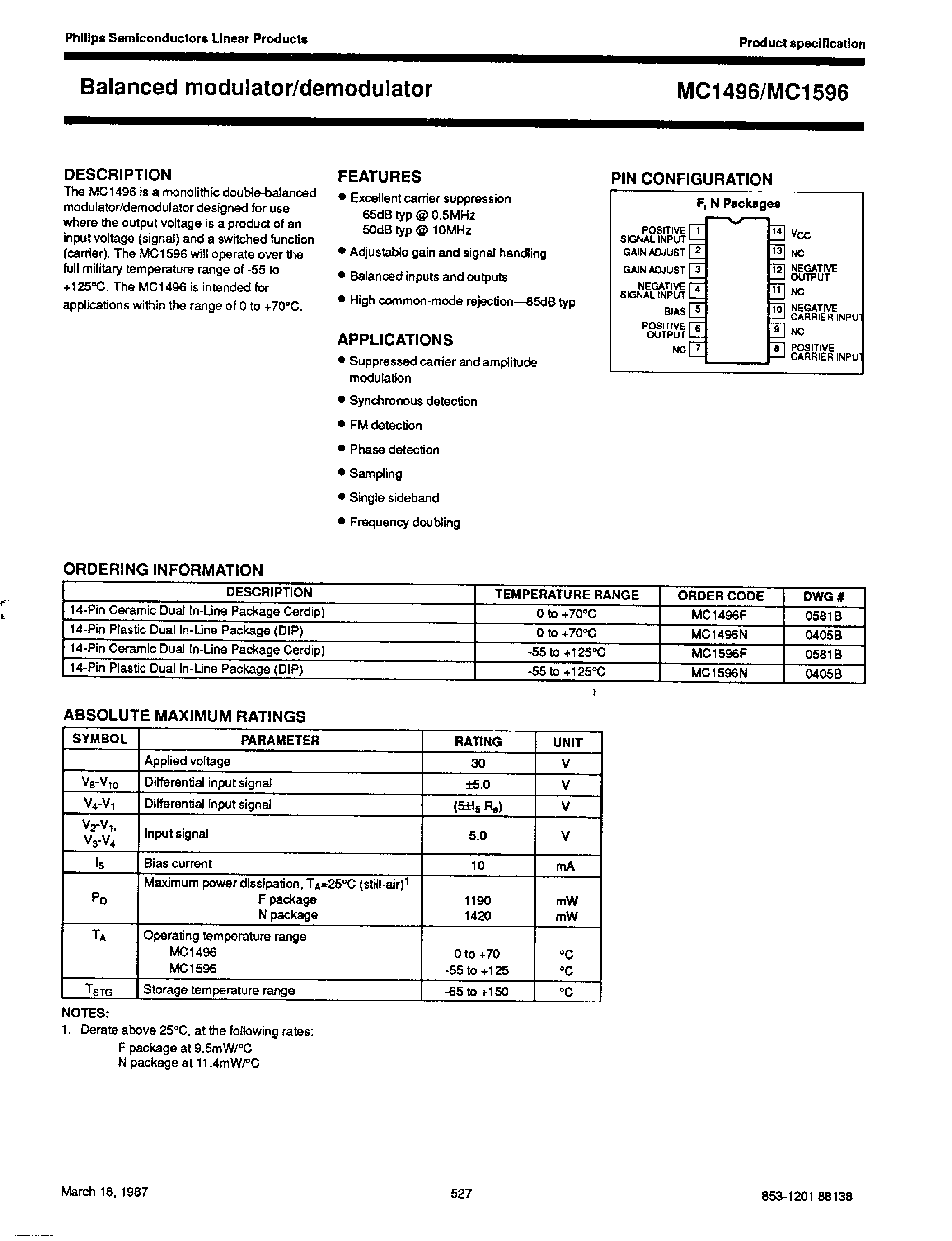 Даташит на микросхему MC1496 страница 1 Даташит MC1496 - (MC1496 / MC1596) Balanced mudulator/demodulator страница 1