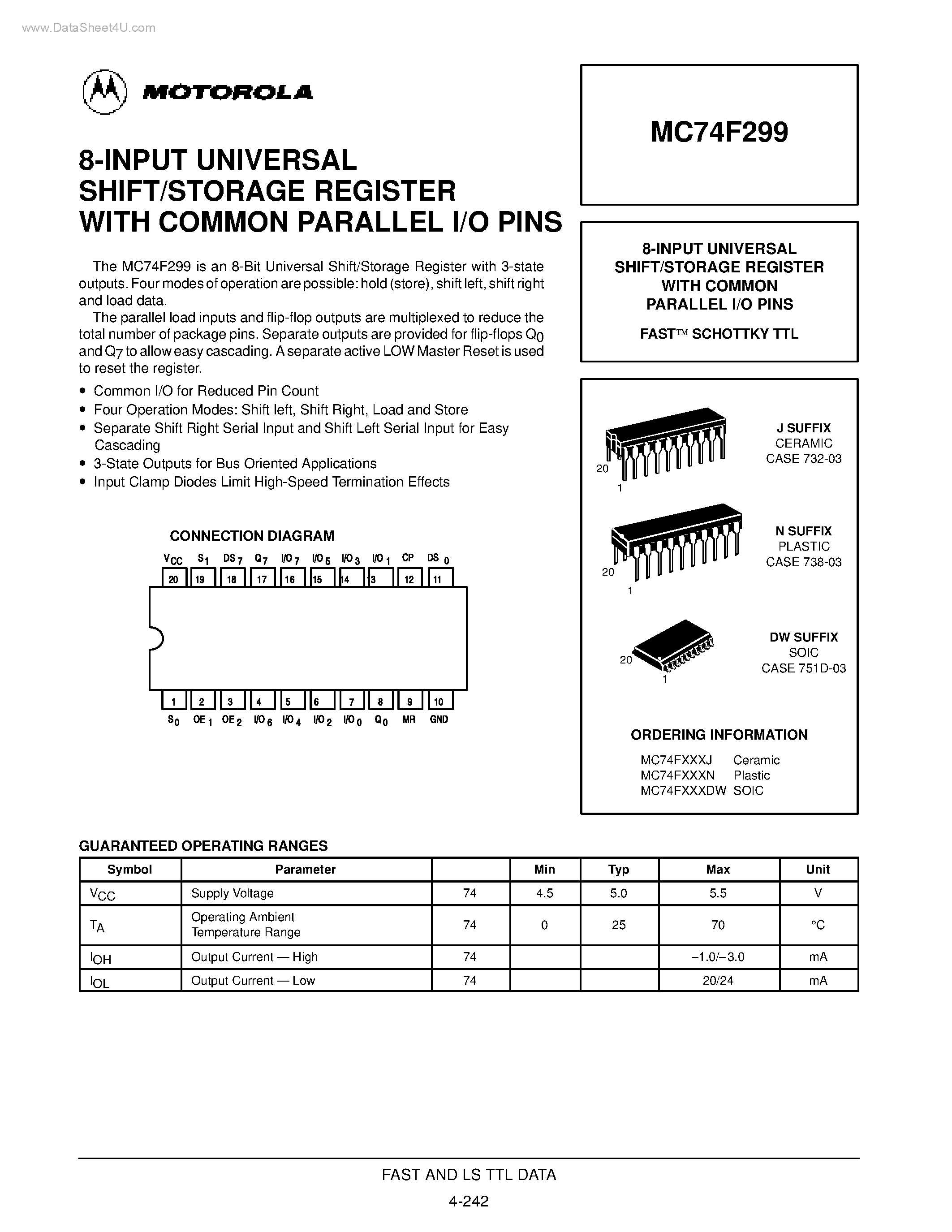 Даташит MC74F299 - 8-INPUT UNIVERSAL SHIFT/STORAGE REGISTER страница 1