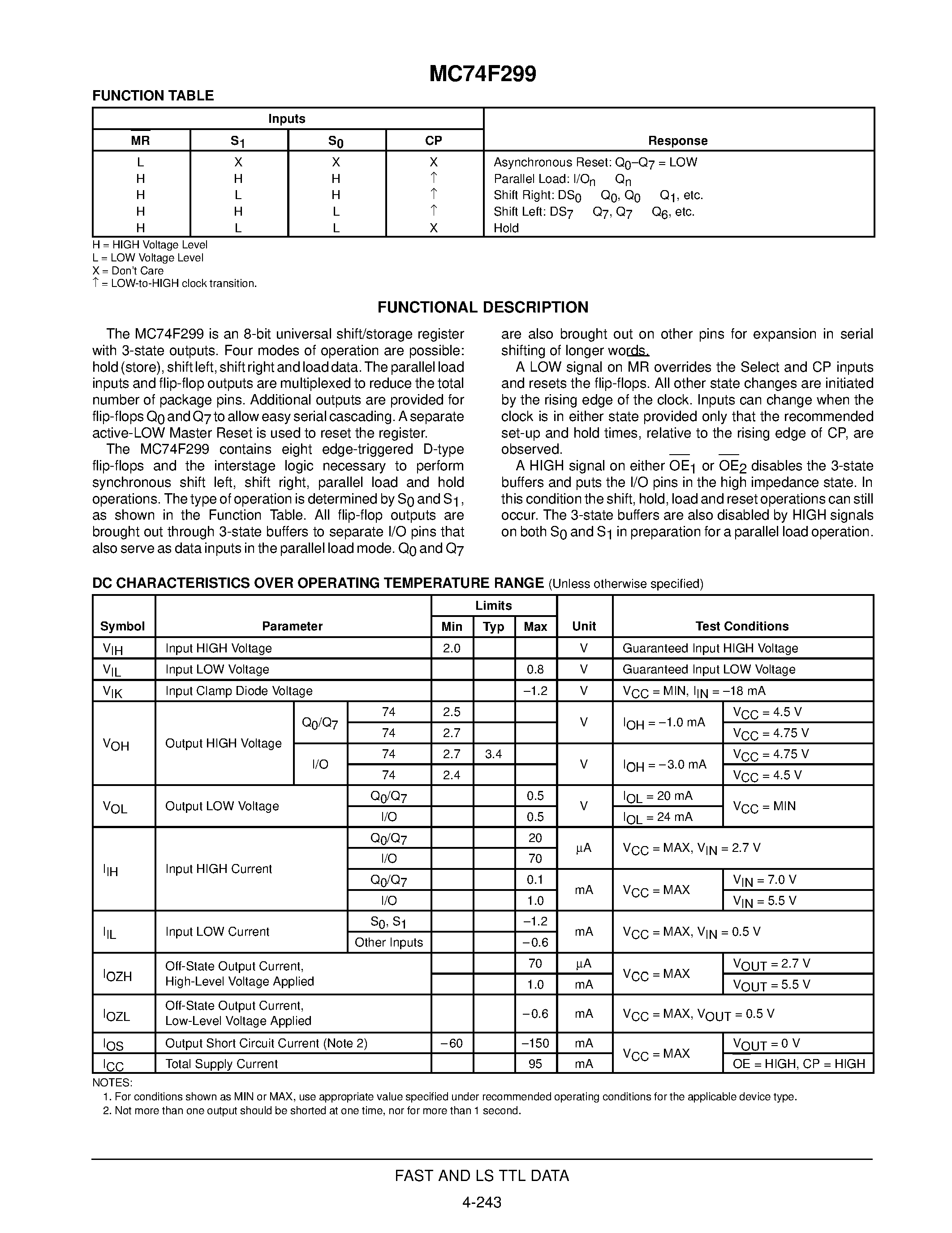 Даташит MC74F299 - 8-INPUT UNIVERSAL SHIFT/STORAGE REGISTER страница 2