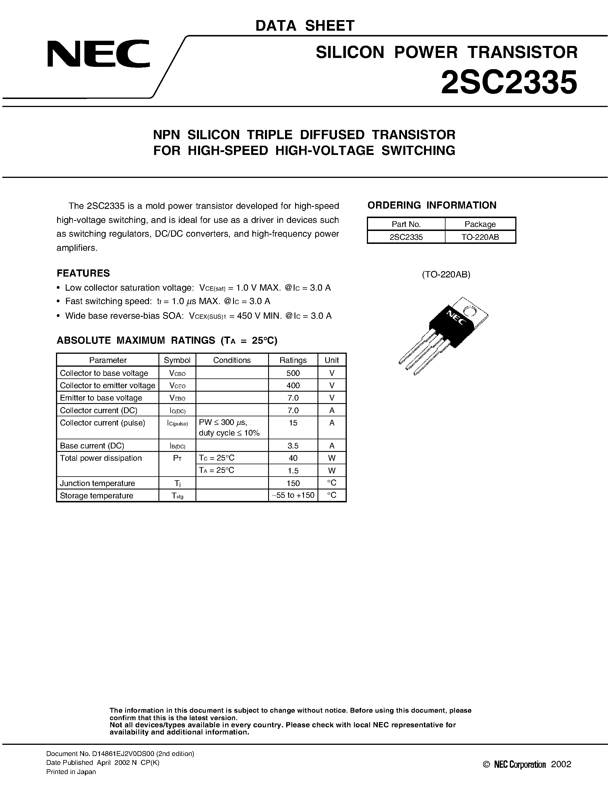 Даташит на микросхему 2SC2335 страница 1 Даташит 2SC2335 - SILICON POWER TRANSISTOR страница 1
