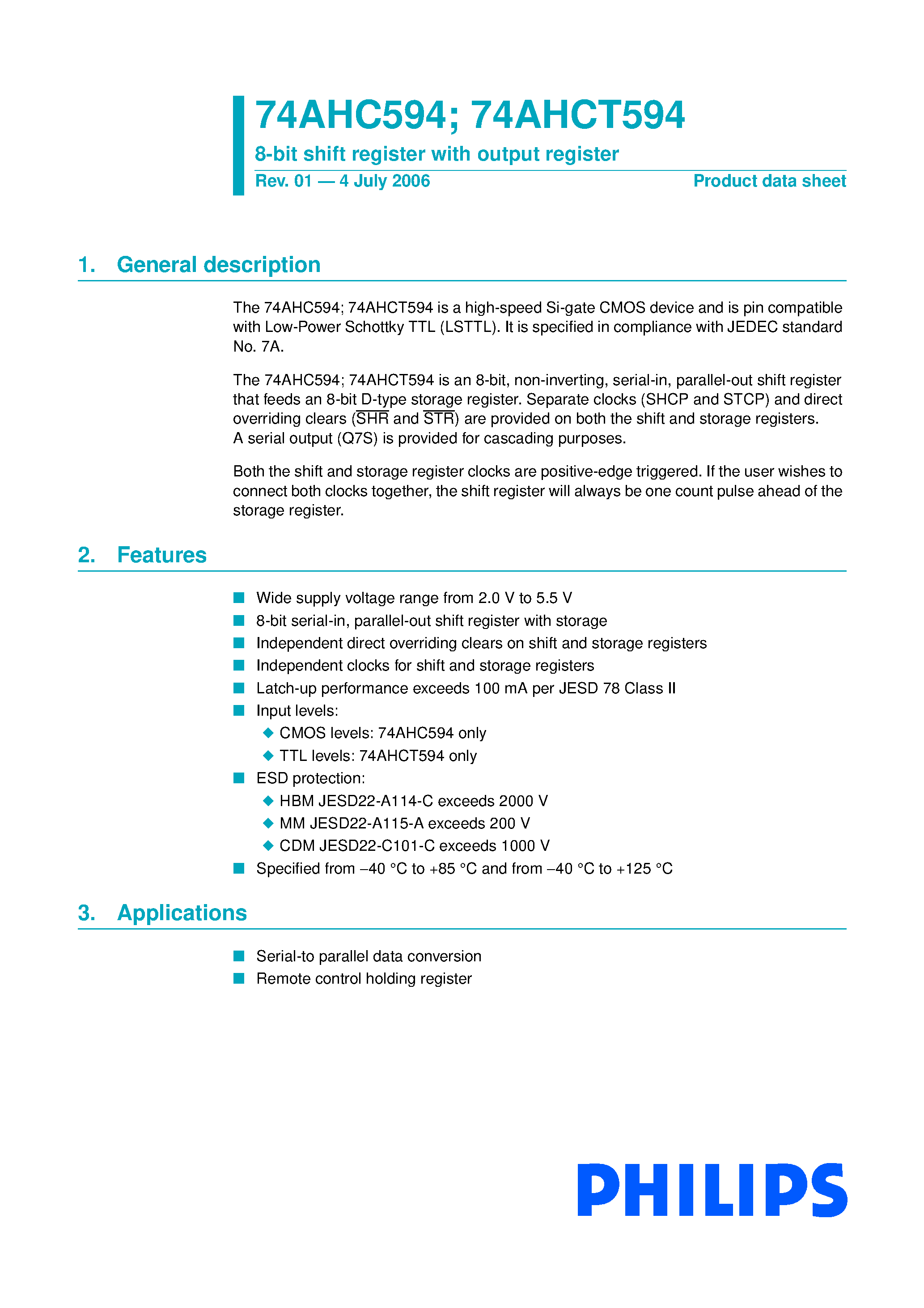Datasheet 74AHC594 page 1 Datasheet 74AHC594 - 8-bit shift register page 1
