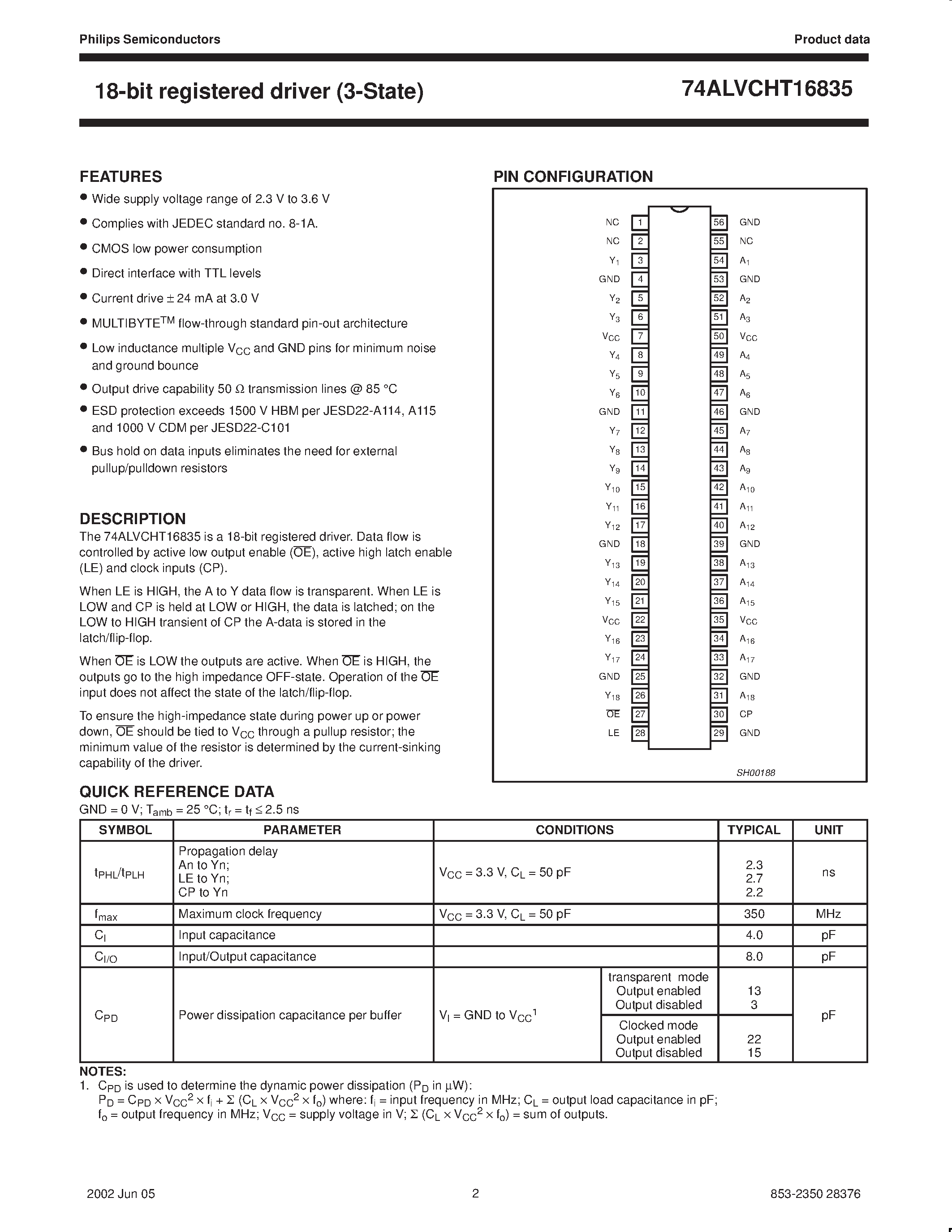 Datasheet 74ALVCHT16835 page 2 Datasheet 74ALVCHT16835 - 18-bit registered driver page 2