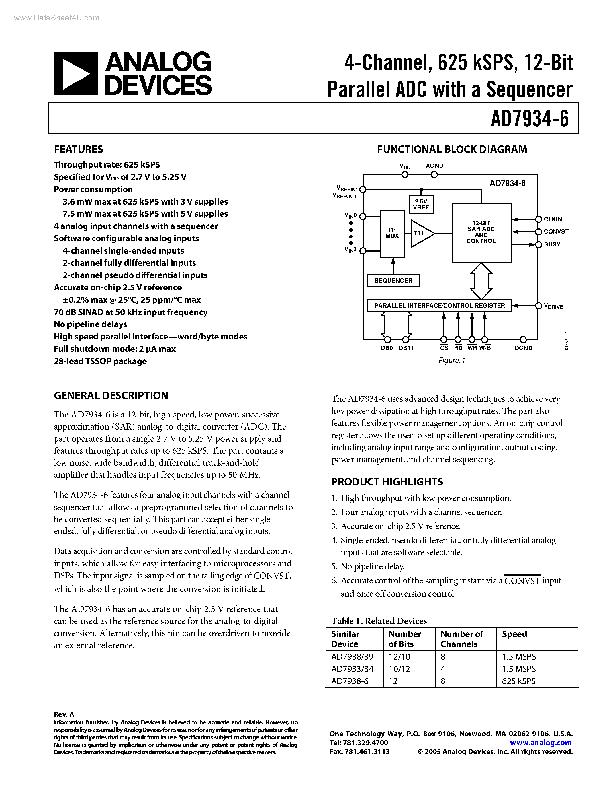 Даташит на микросхему AD7934-6 страница 1 Даташит AD7934-6 - 12-Bit Parallel ADC страница 1