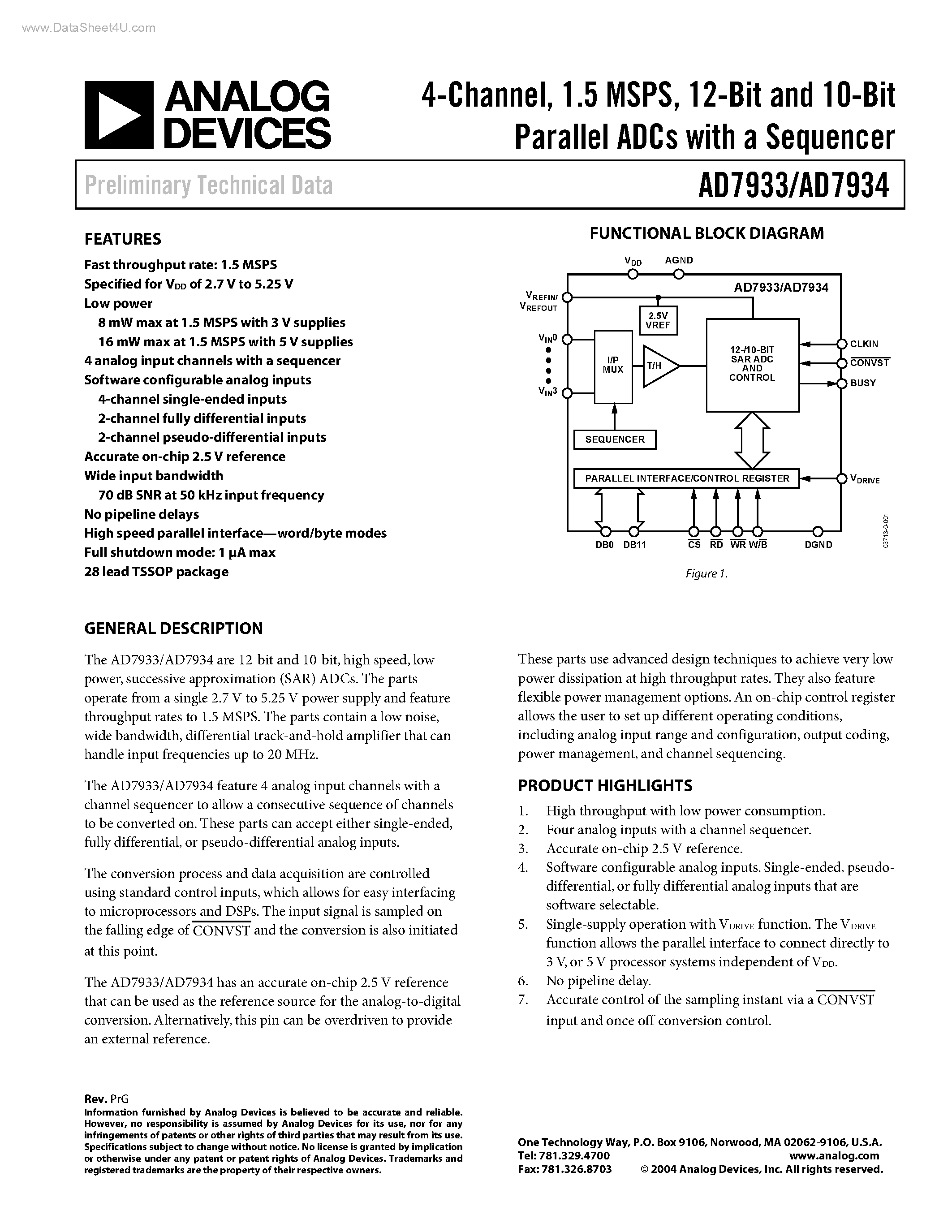 Datasheet AD7933 - (AD7933 / AD7934) 12-Bit and 10-Bit Parallel ADCs page 1