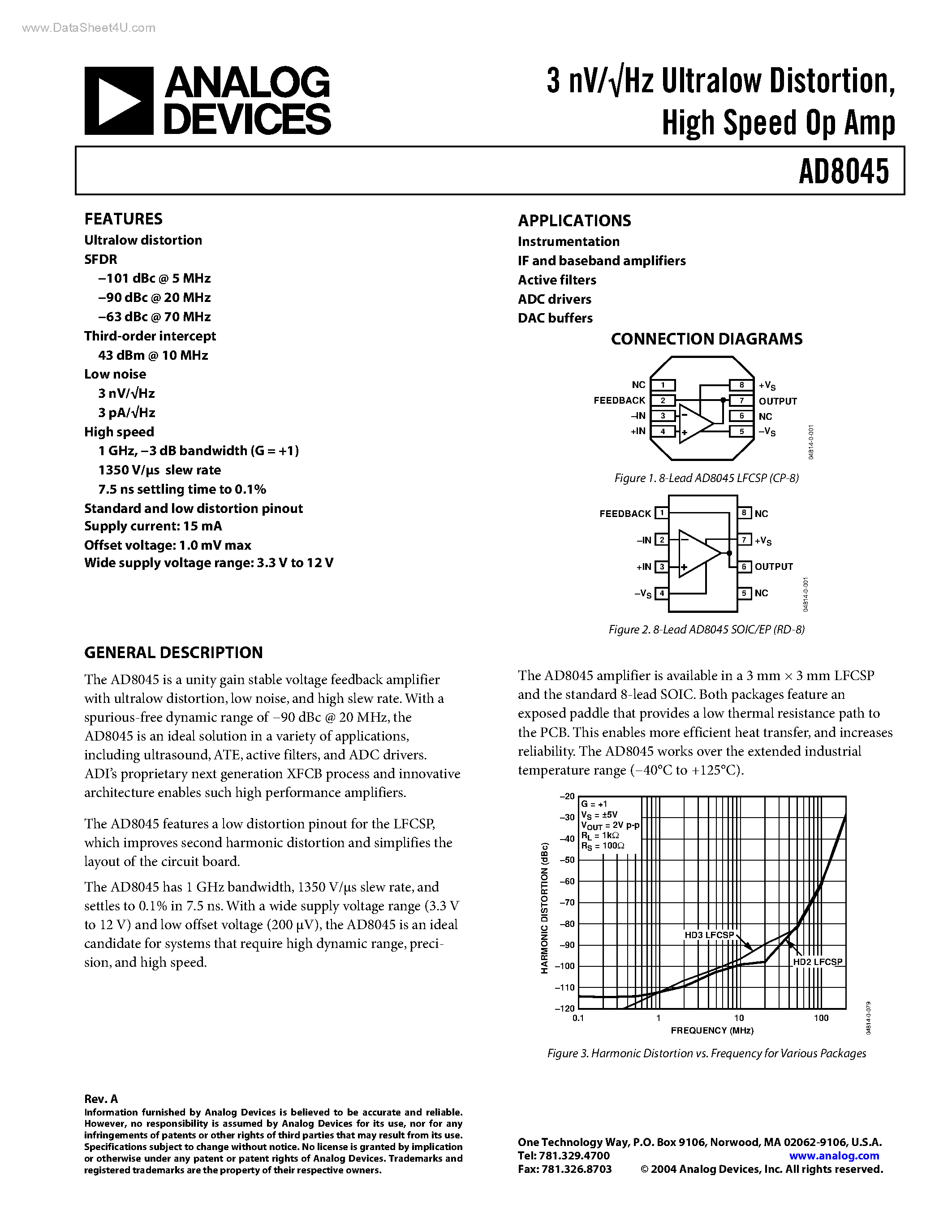 Datasheet AD8045 page 1 Datasheet AD8045 - High Speed Op Amp page 1