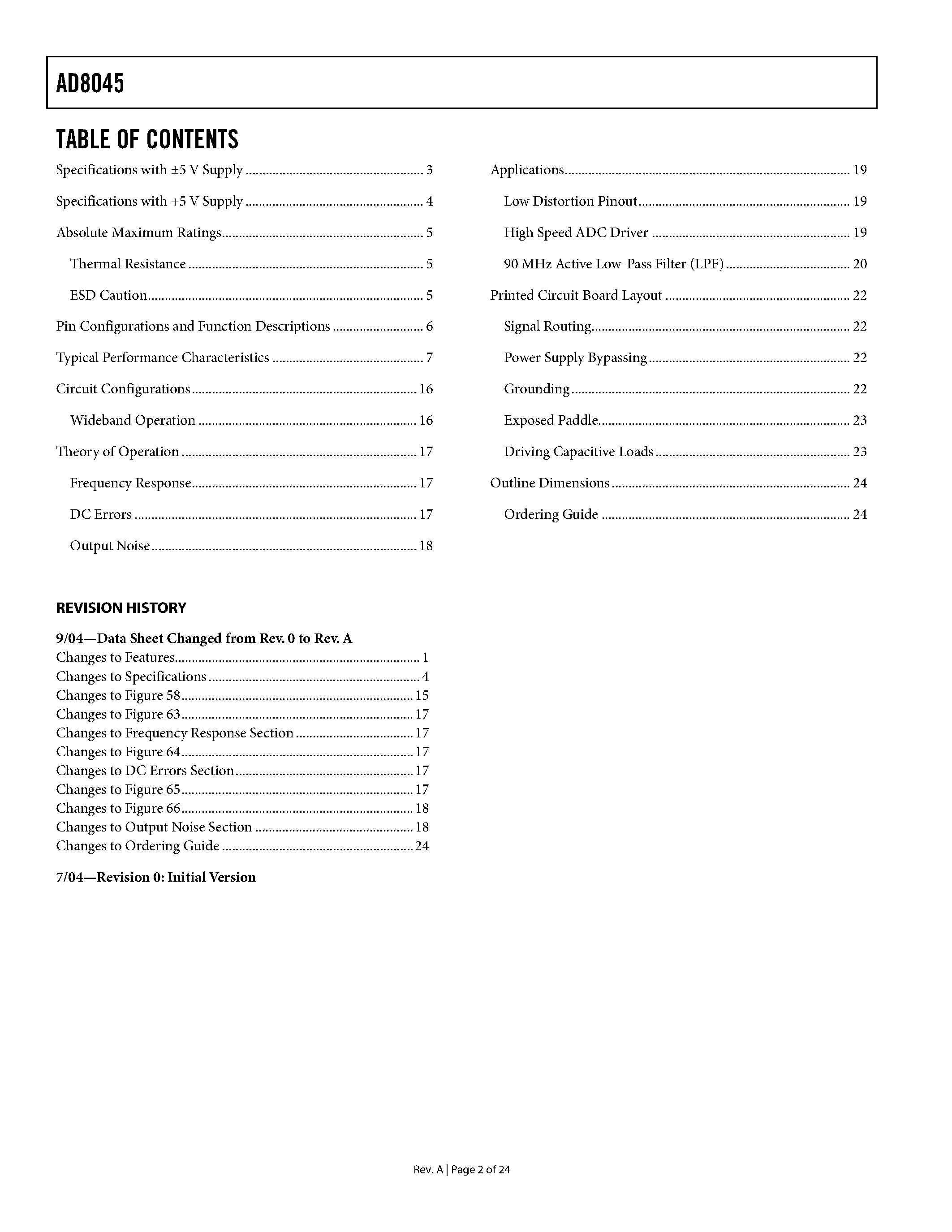 Datasheet AD8045 page 2 Datasheet AD8045 - High Speed Op Amp page 2