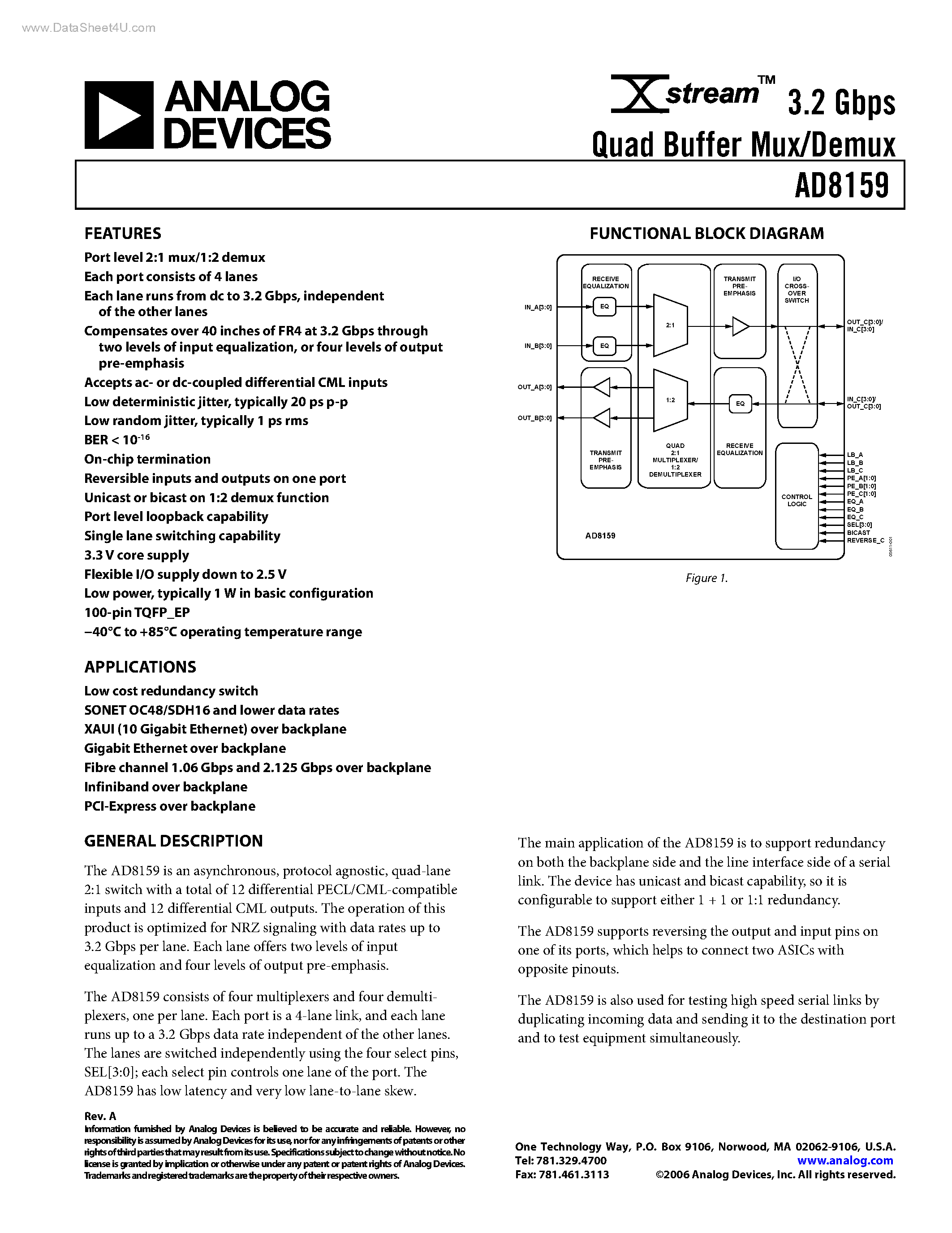 Datasheet AD8159 - Quad Buffer Mux/Demux page 1