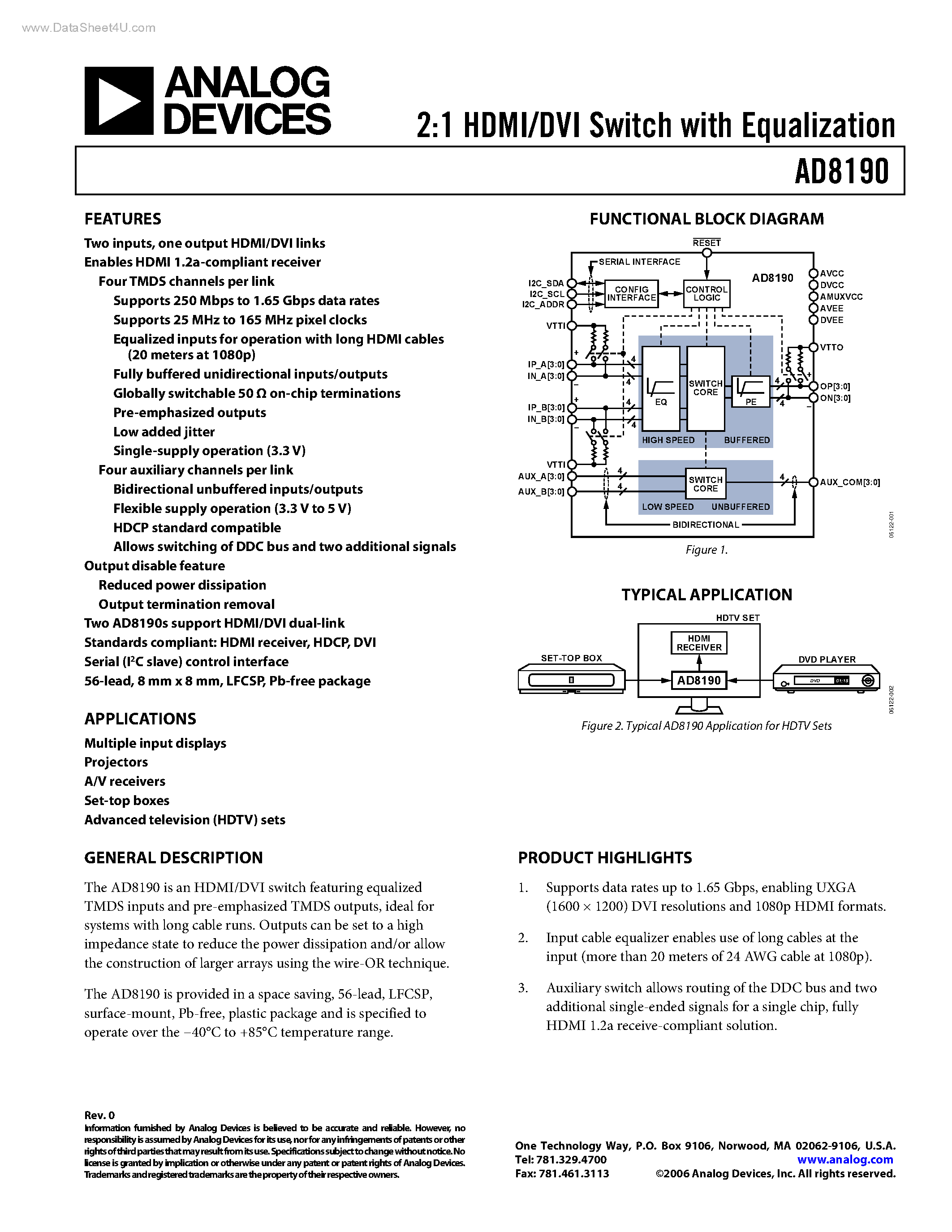 Datasheet AD8190 page 1 Datasheet AD8190 - 2:1 HDMI/DVI Switch page 1