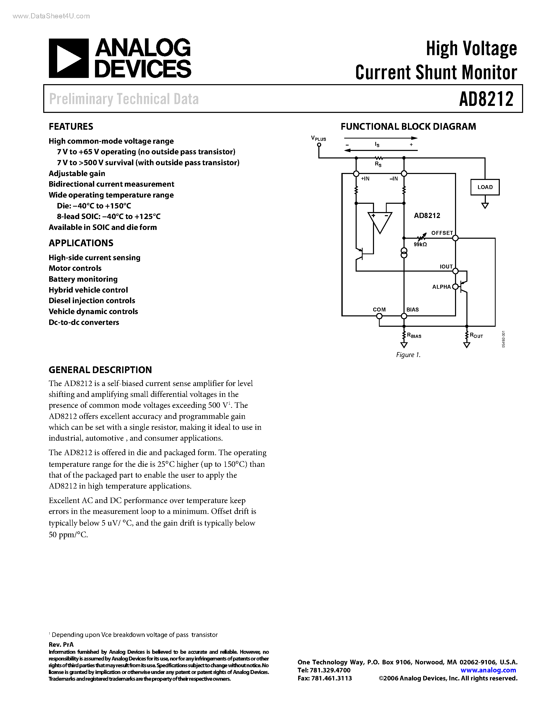 Datasheet AD8212 page 1 Datasheet AD8212 - High Voltage Current Shunt Monitor page 1