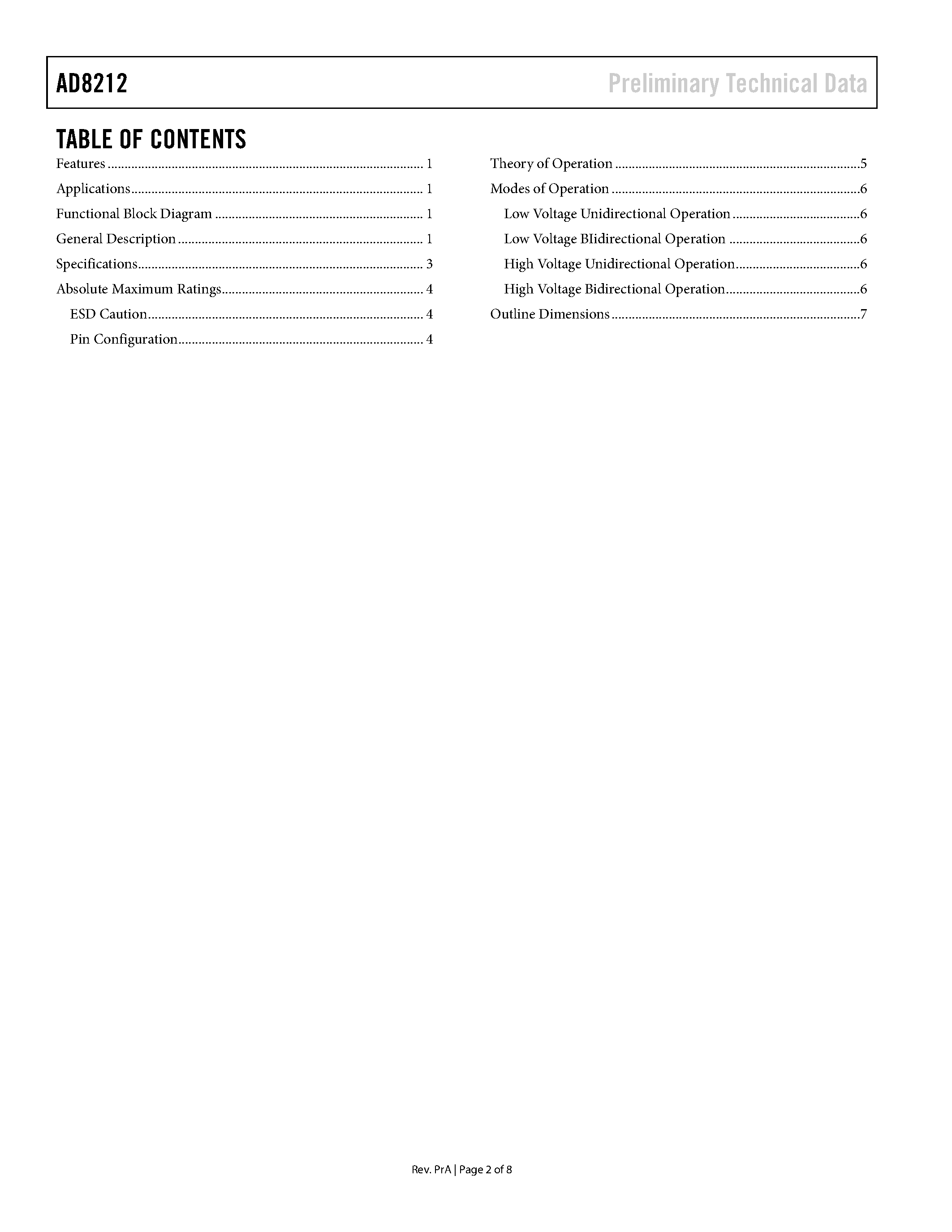 Datasheet AD8212 page 2 Datasheet AD8212 - High Voltage Current Shunt Monitor page 2