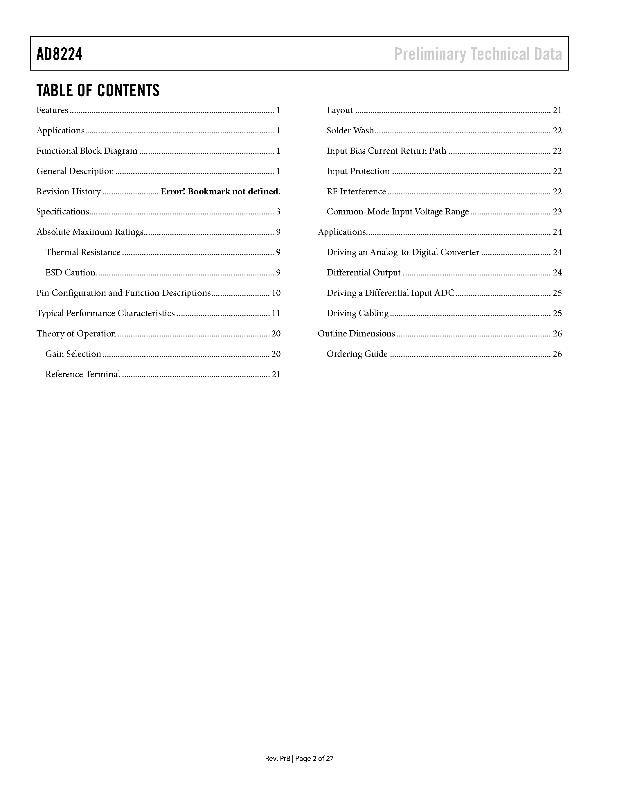 Datasheet AD8224 page 2 Datasheet AD8224 - JFET Input Rail-to-Rail Instrumentation Amplifier page 2