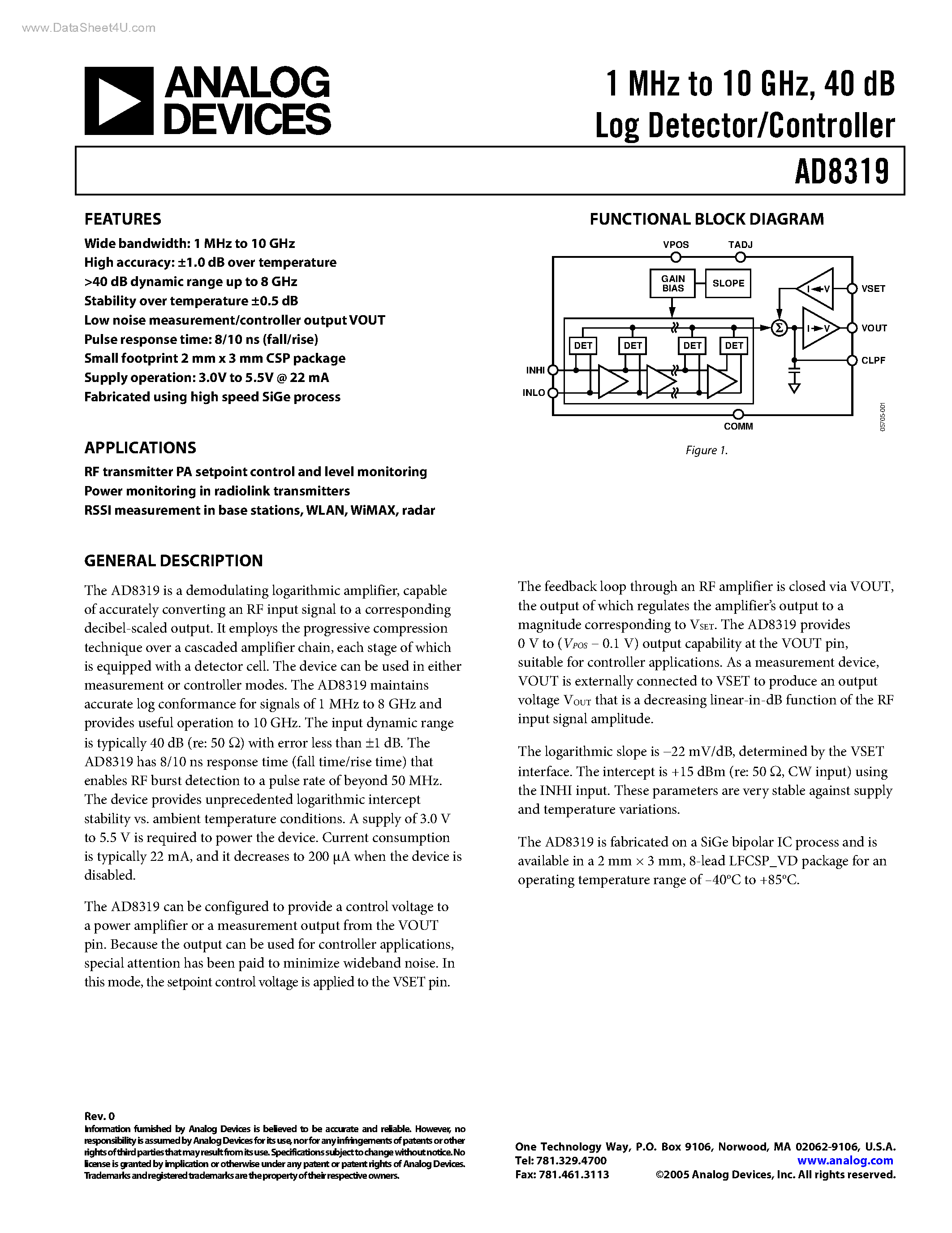 Datasheet AD8319 page 1 Datasheet AD8319 - Log Detector/Controller page 1