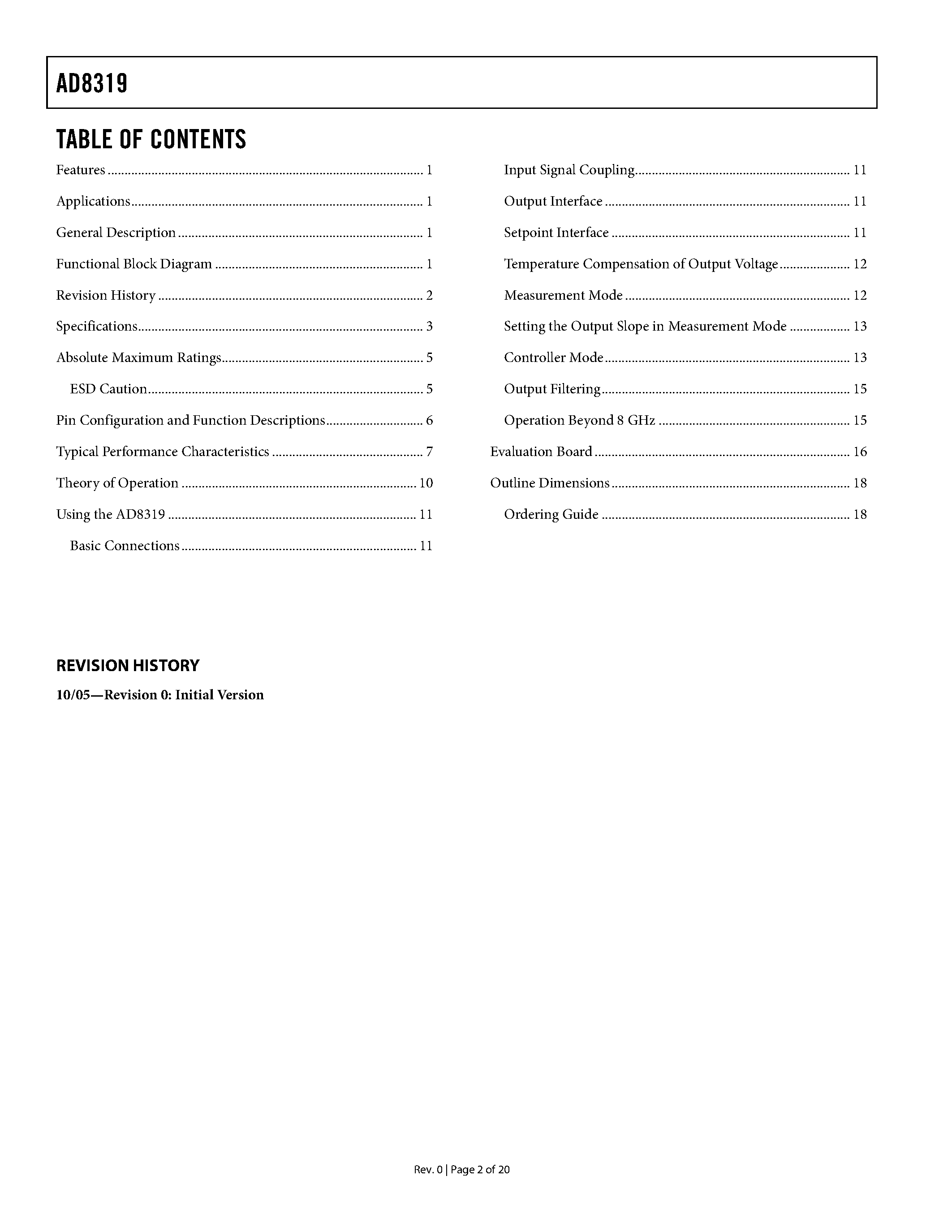 Datasheet AD8319 page 2 Datasheet AD8319 - Log Detector/Controller page 2