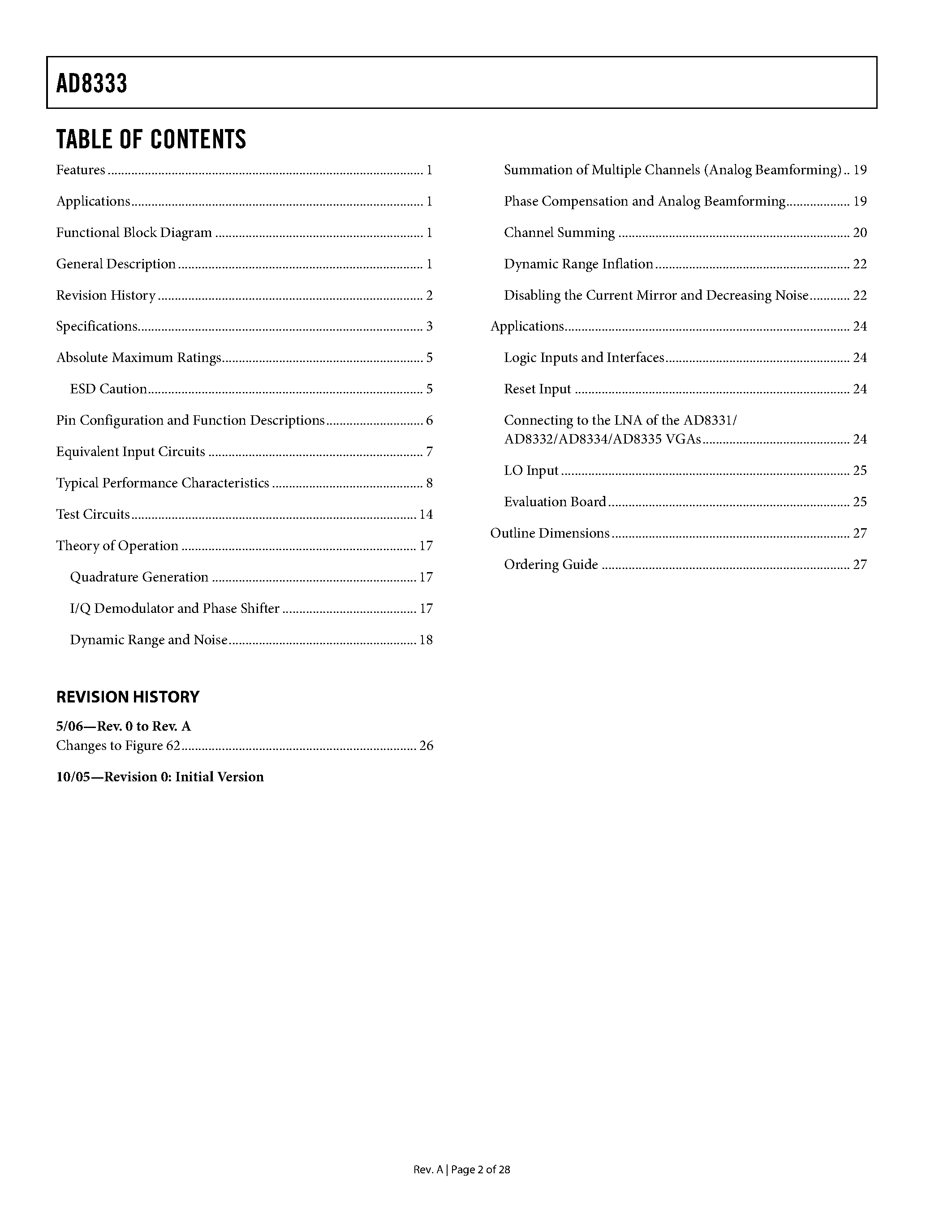 Datasheet AD8333 page 2 Datasheet AD8333 - Dual I/Q Demodulator and Phase Shifter page 2