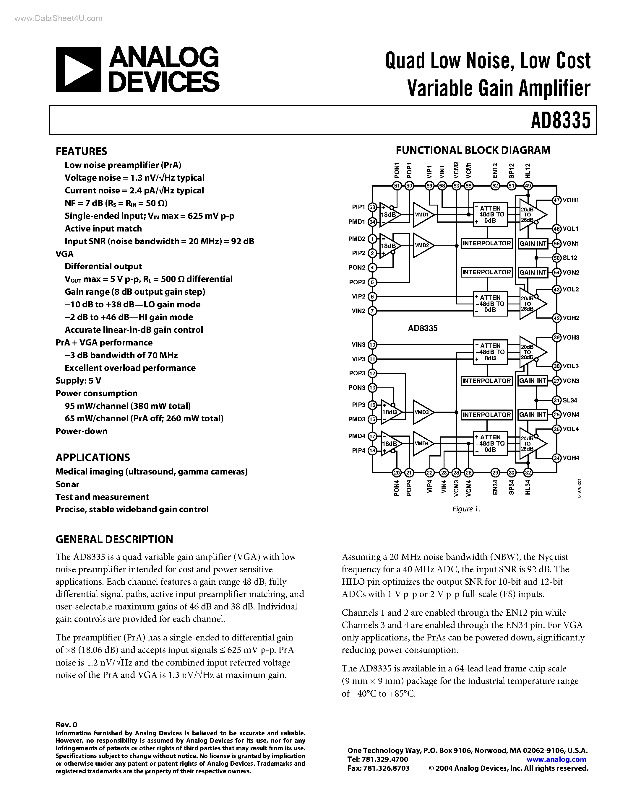 Datasheet AD8335 - Low Cost Variable Gain Amplifier page 1