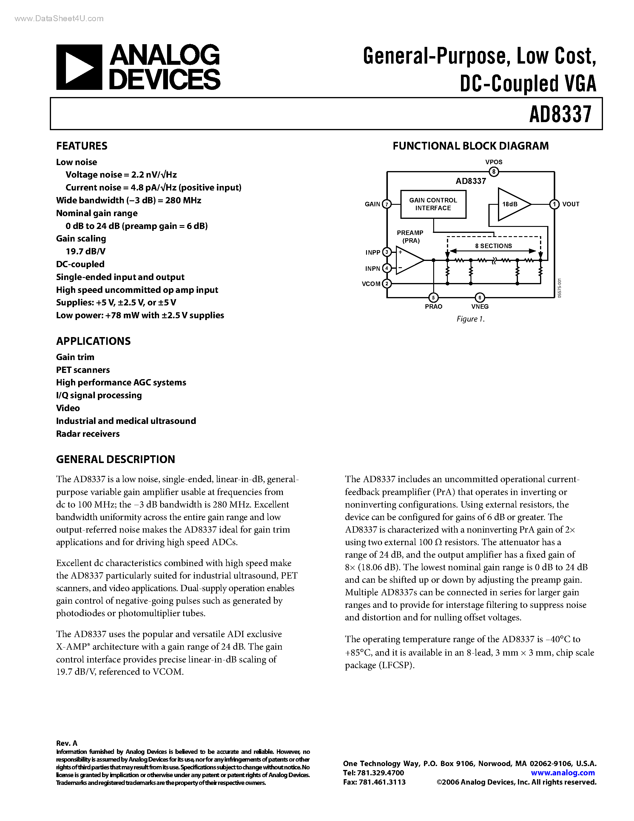 Datasheet AD8337 page 1 Datasheet AD8337 - DC-Coupled VGA page 1