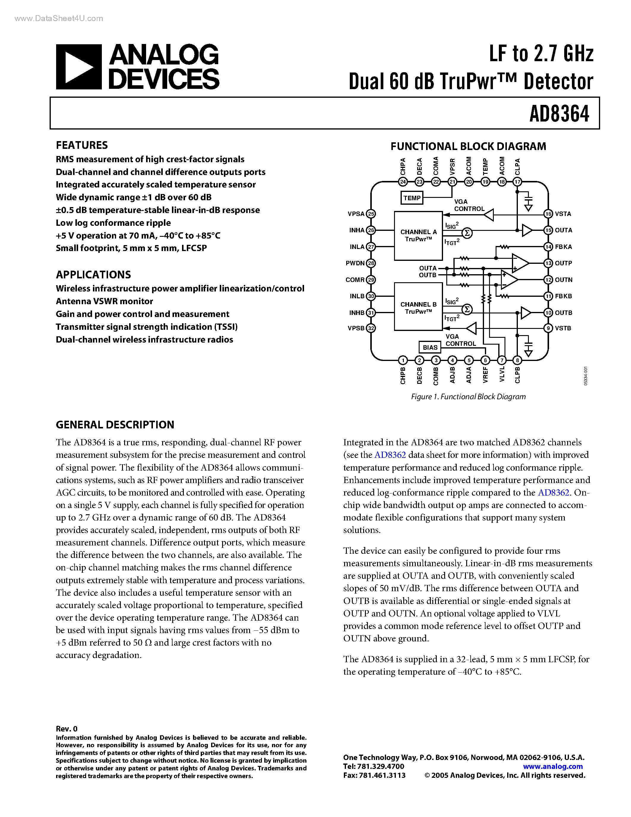 Datasheet AD8364 page 1 Datasheet AD8364 - Dual 60 dB TruPwr Detector page 1