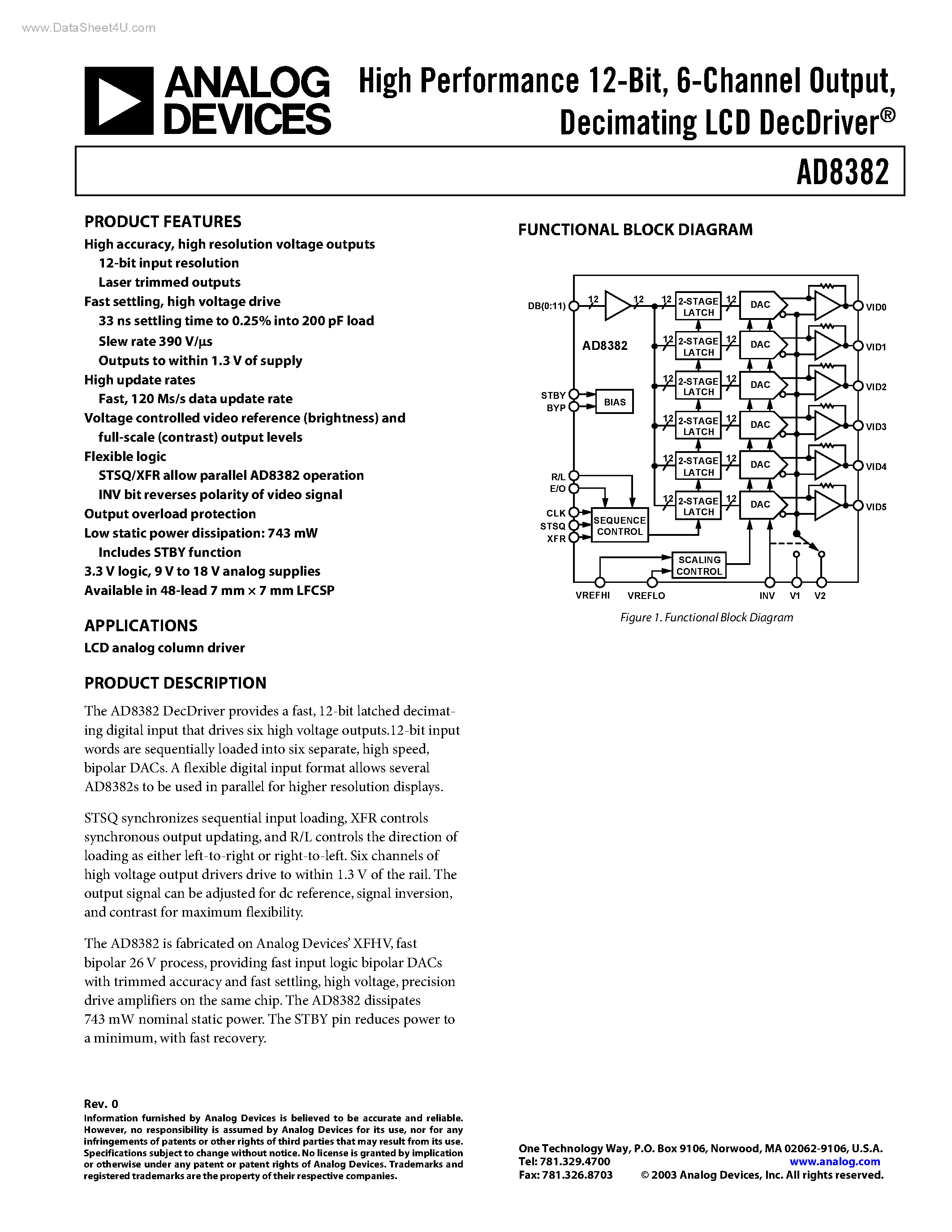 Datasheet AD8382 page 1 Datasheet AD8382 - Decimating LCD DecDriver page 1
