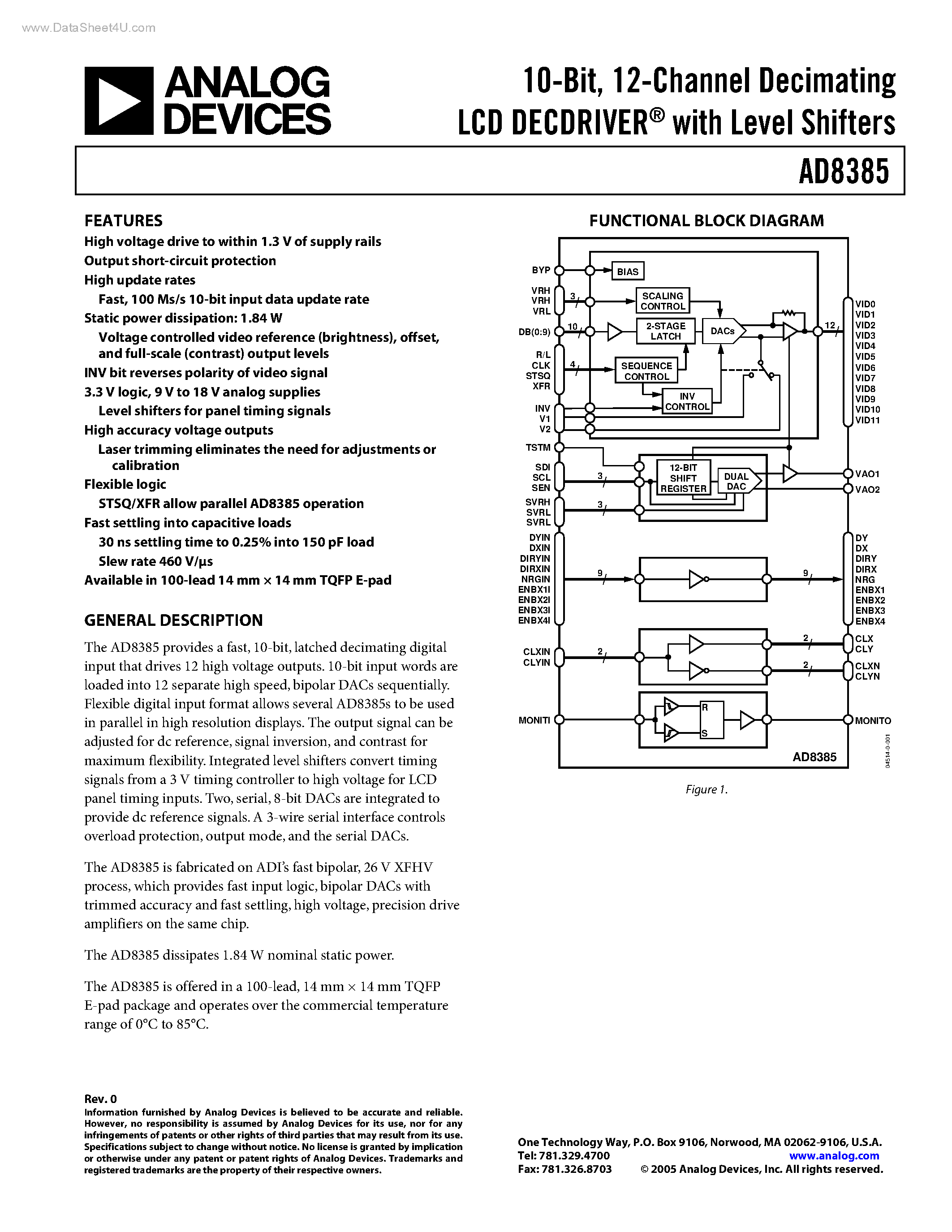Datasheet AD8385 page 1 Datasheet AD8385 - 12-Channel Decimating LCD DECDRIVER page 1