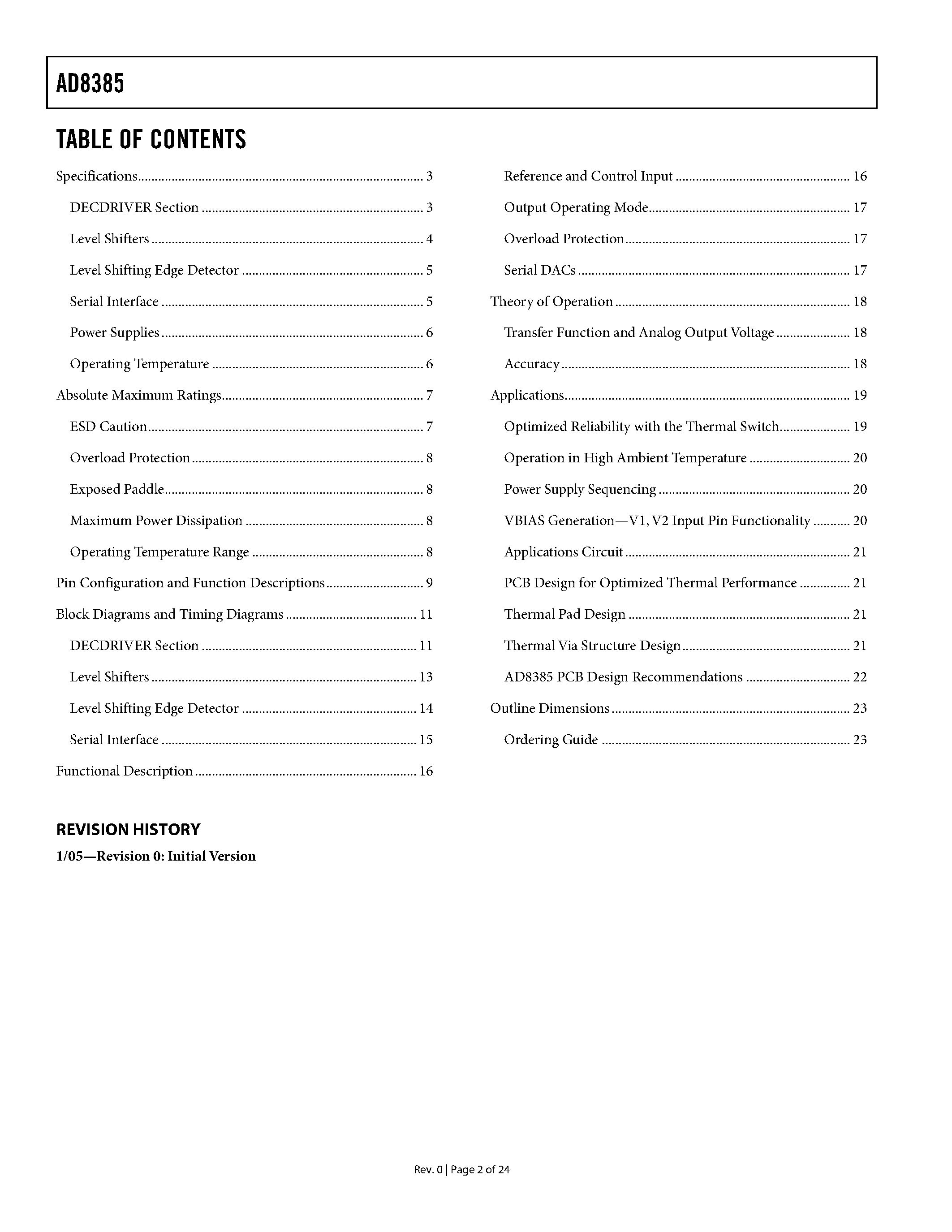 Datasheet AD8385 page 2 Datasheet AD8385 - 12-Channel Decimating LCD DECDRIVER page 2