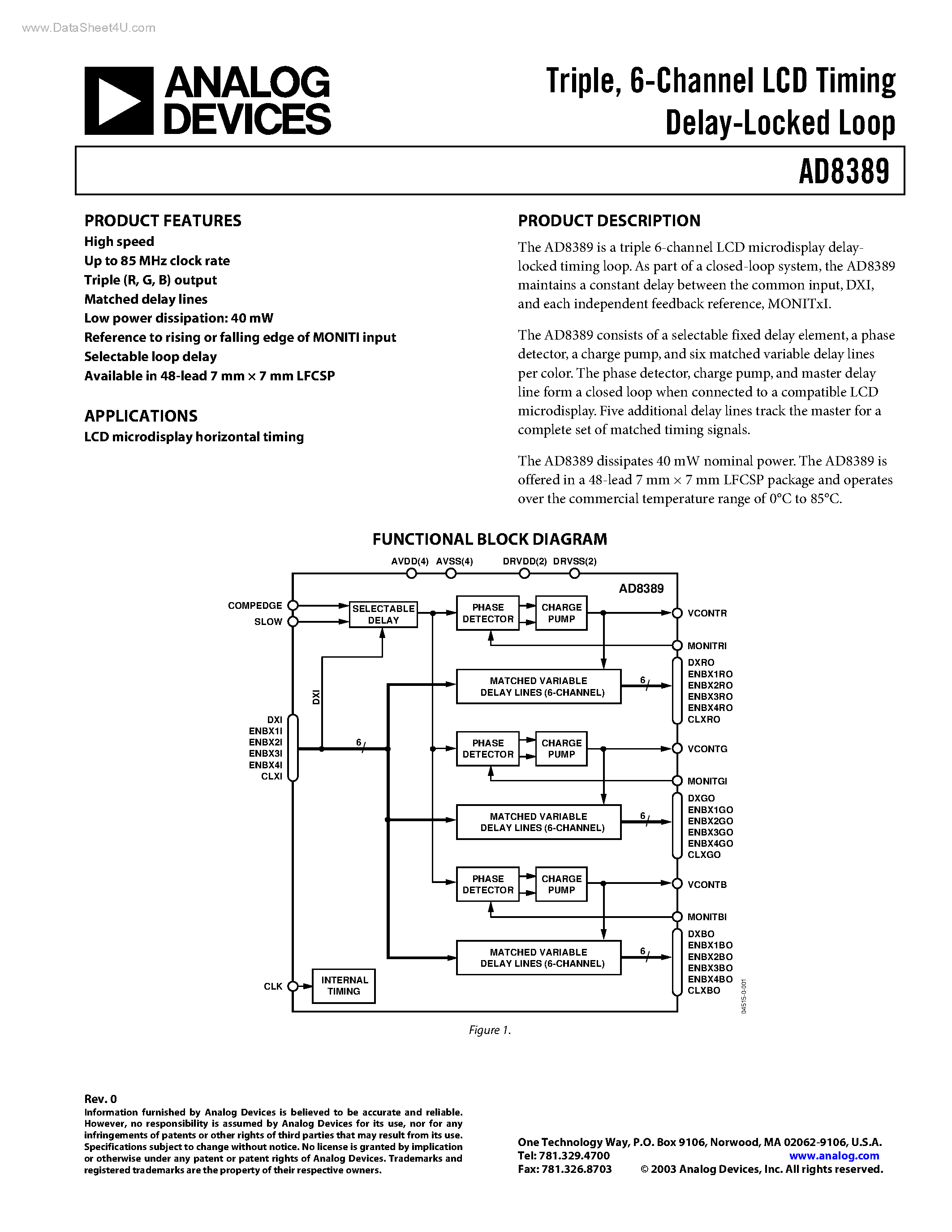 Datasheet AD8389 - 6-Channel LCD Timing Delay-Locked Loop page 1